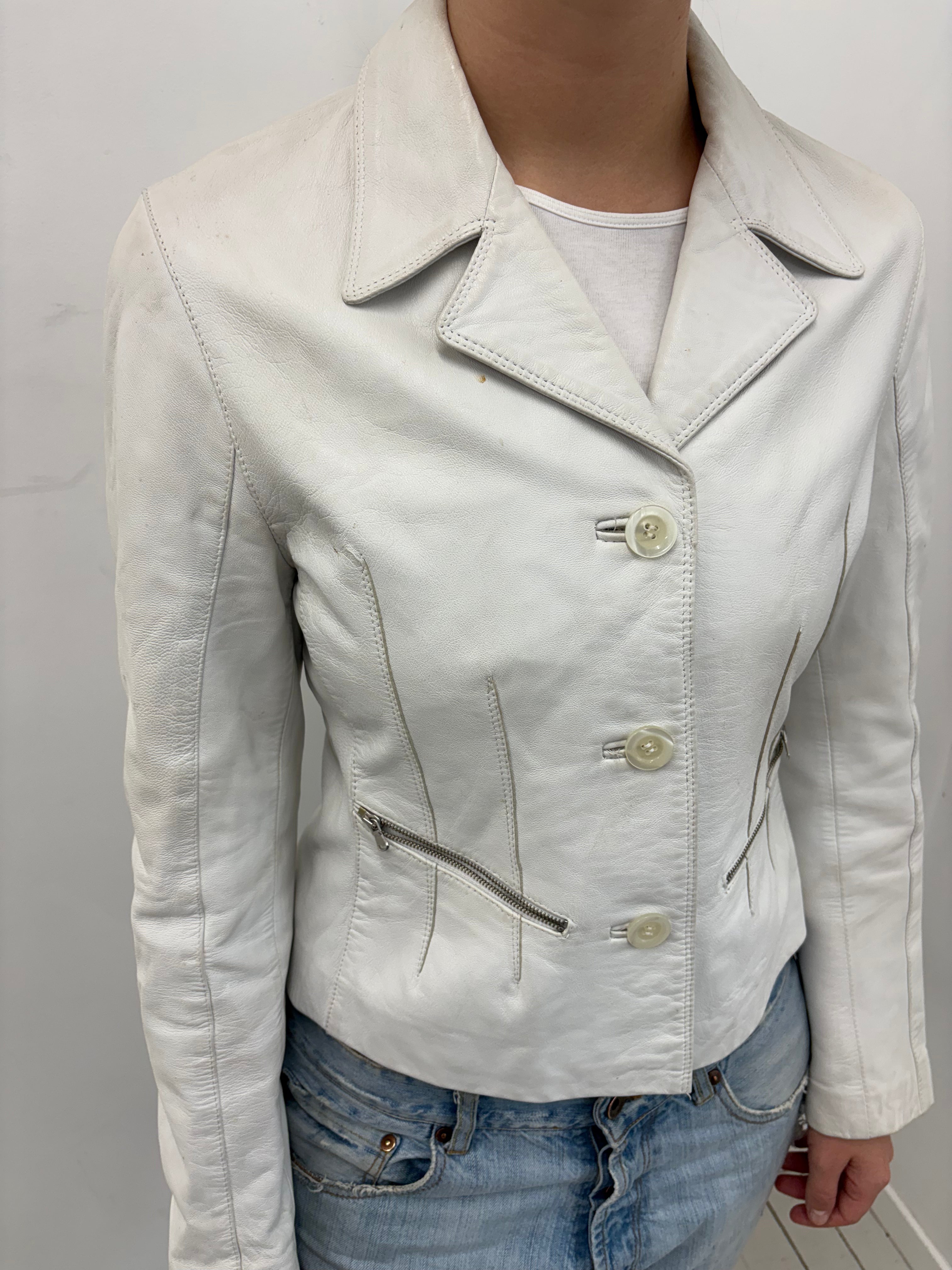 White Fitted Leather Jacket Silver Zip Detail