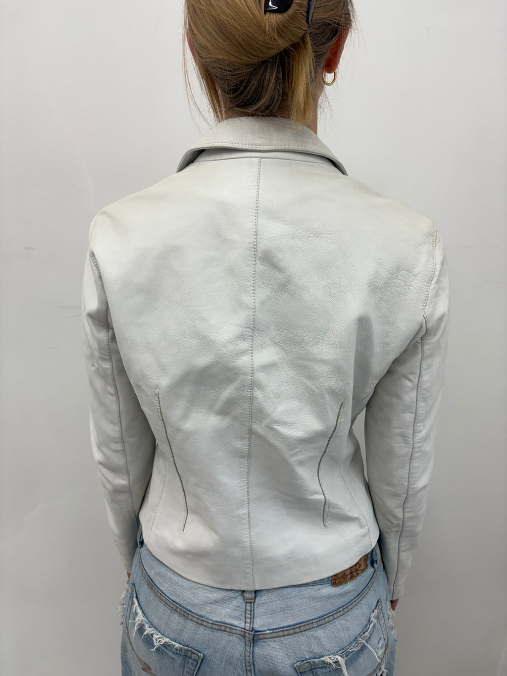 White Fitted Leather Jacket Silver Zip Detail