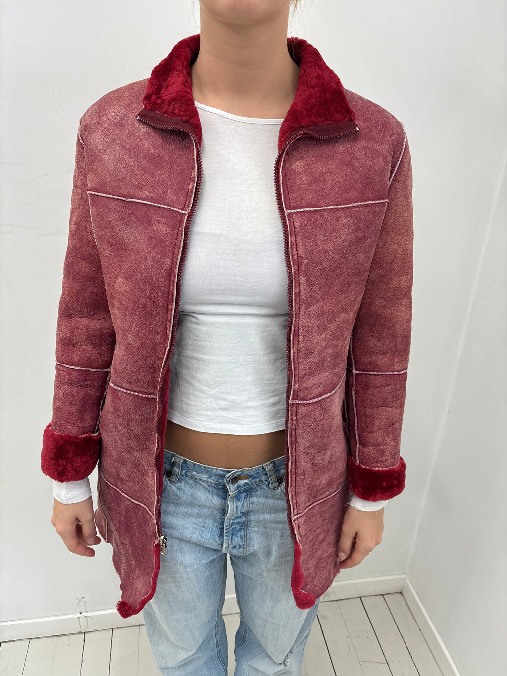 Burgundy Shearling Coat Faux Suede Y2K