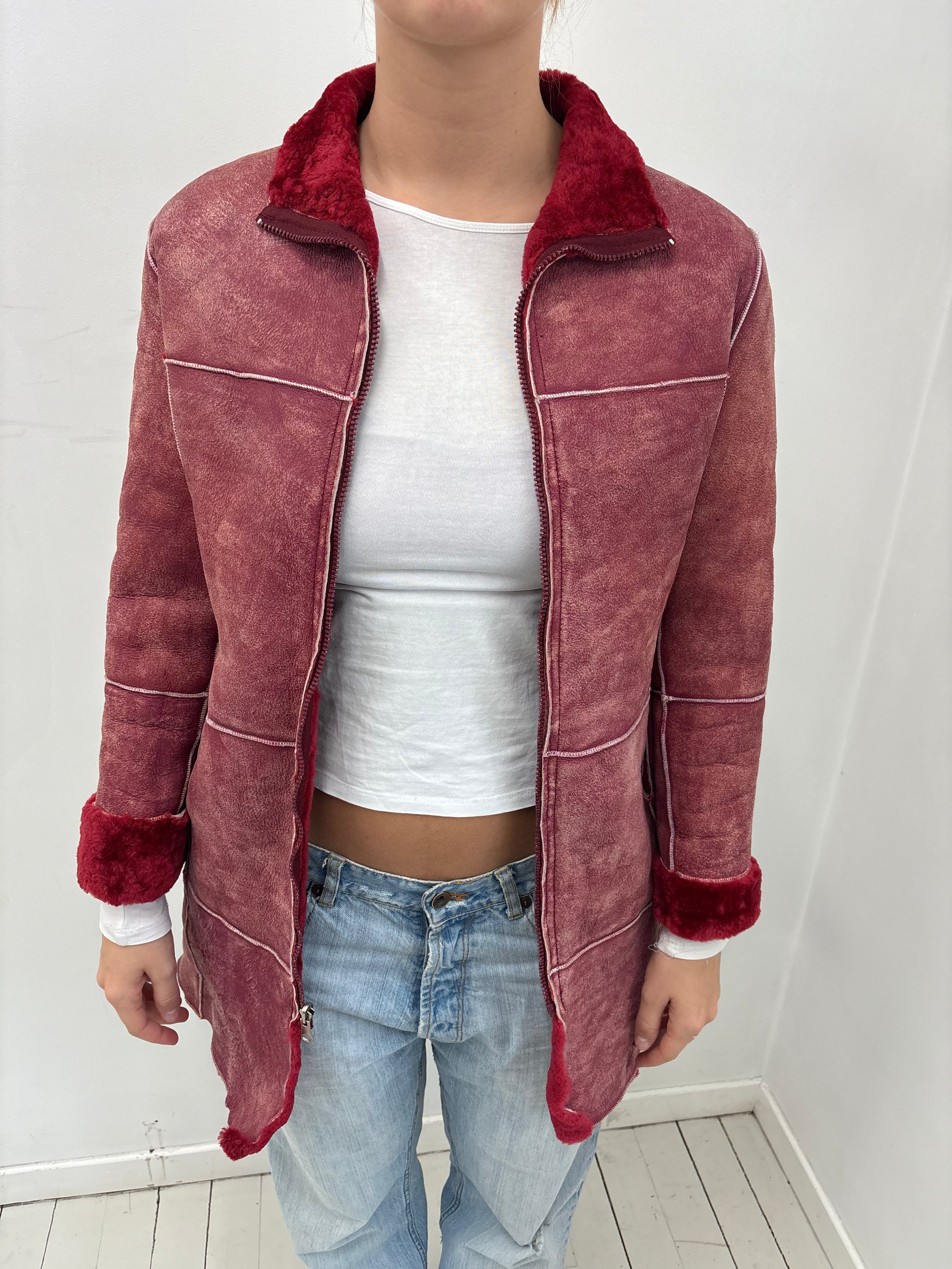 Burgundy Shearling Coat Faux Suede Y2K