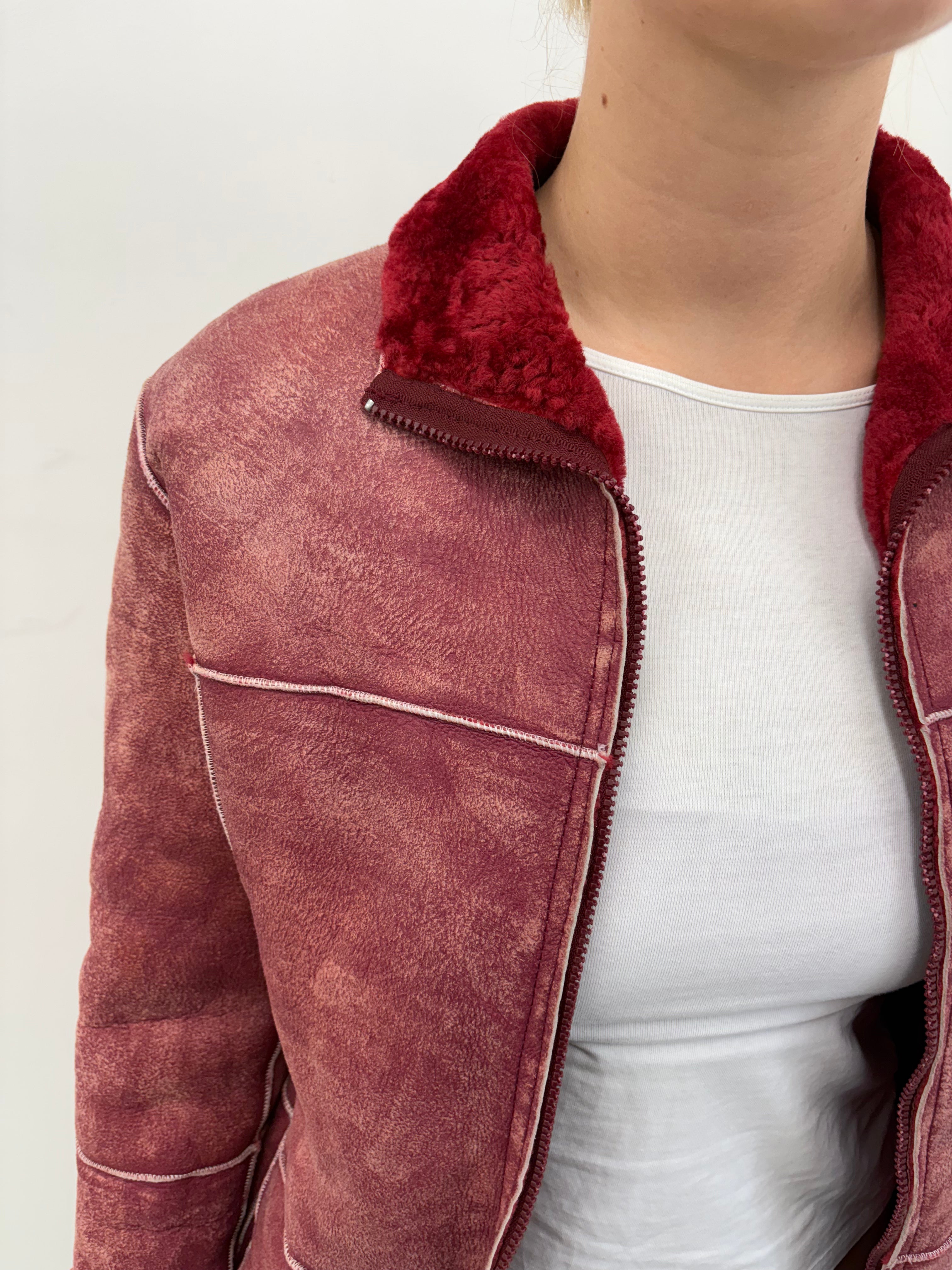 Burgundy Shearling Coat Faux Suede Y2K