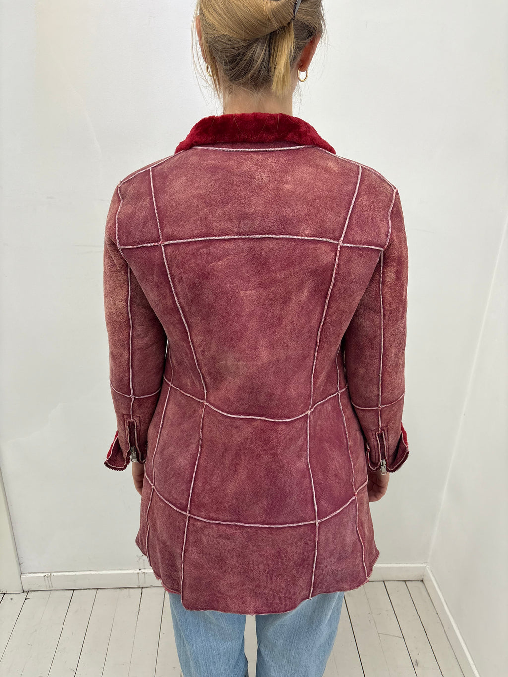 Burgundy Shearling Coat Faux Suede Y2K