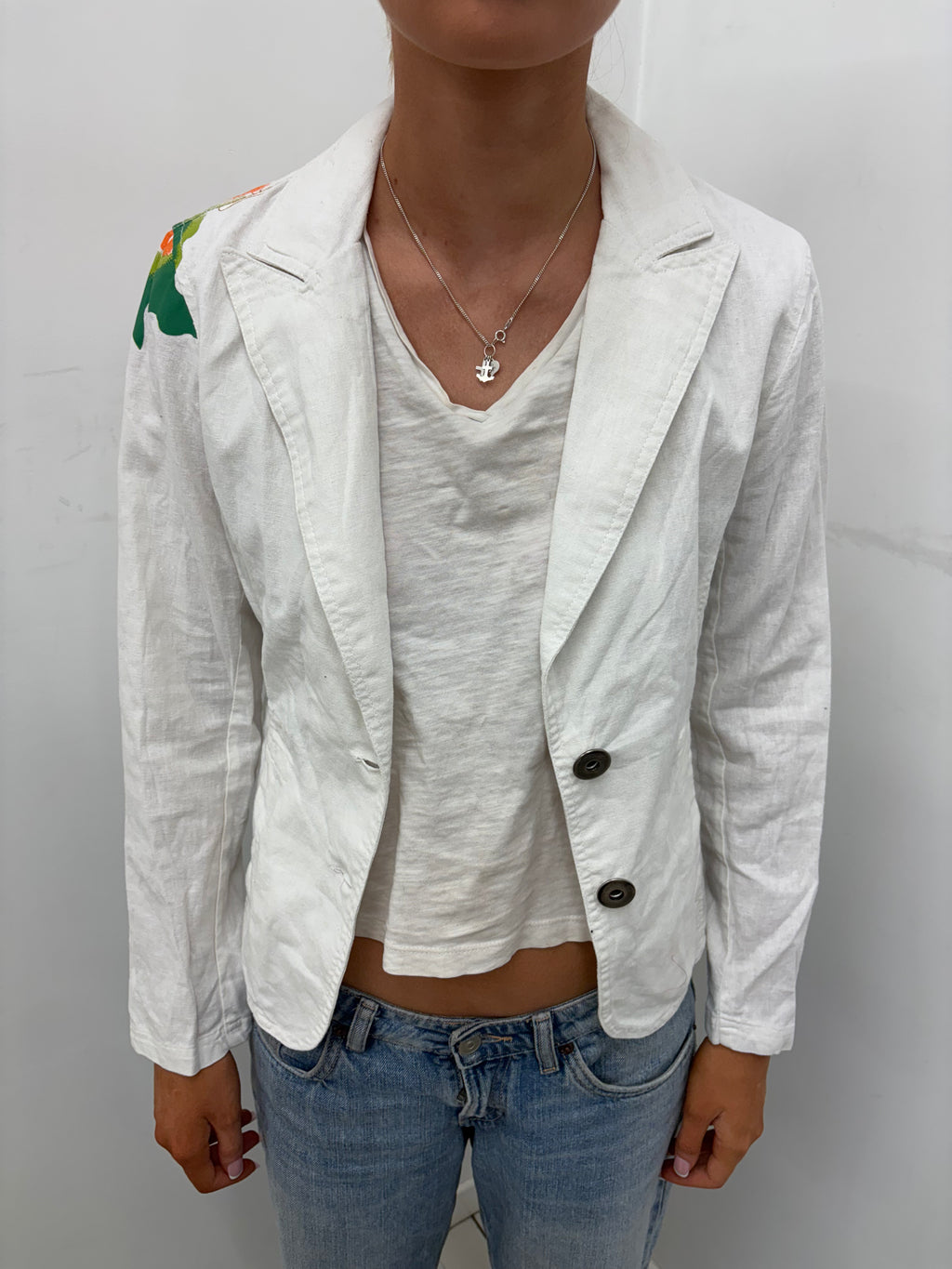 White Linen Blazer Hand-Painted Floral Back