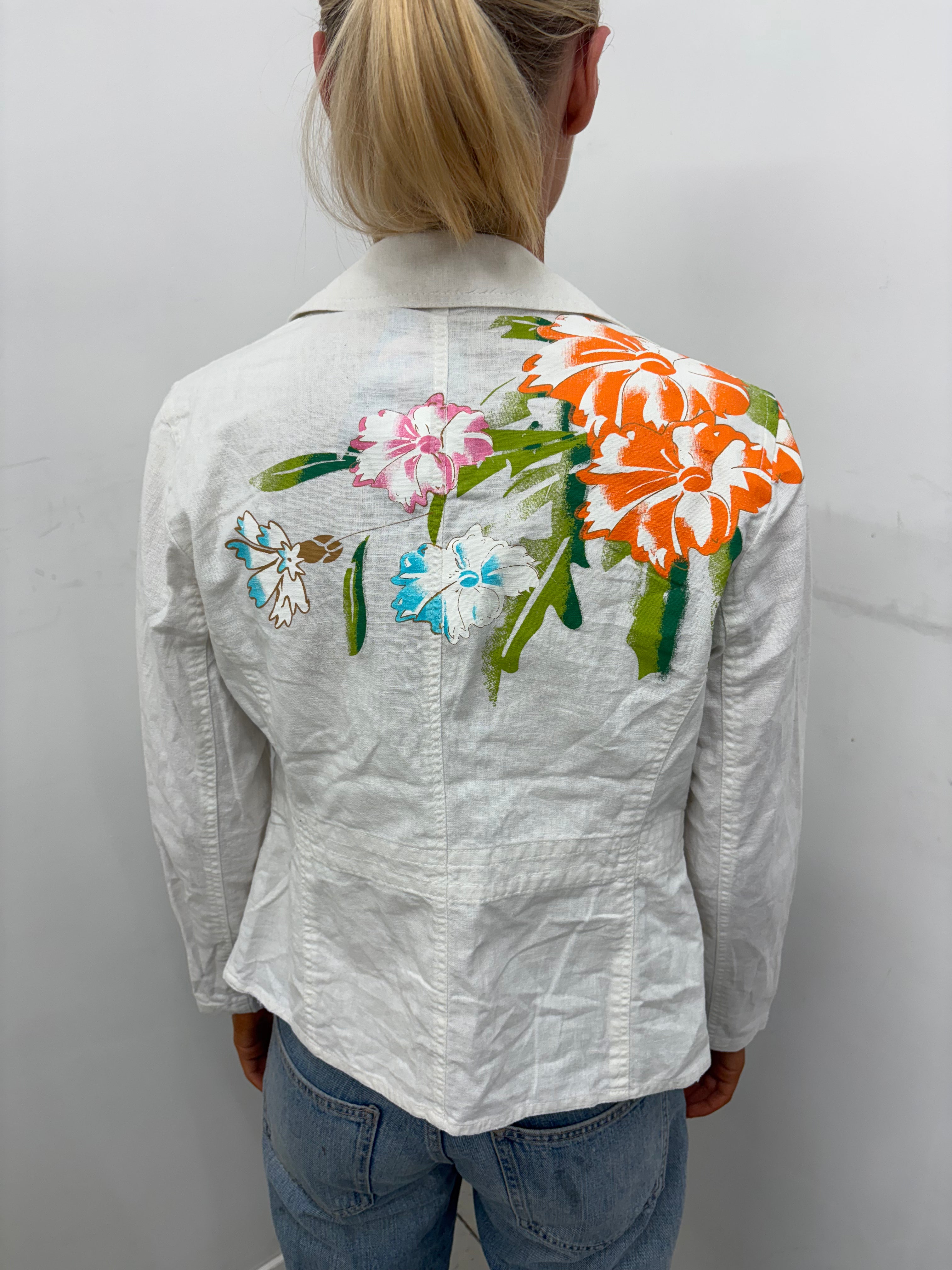 White Linen Blazer Hand-Painted Floral Back