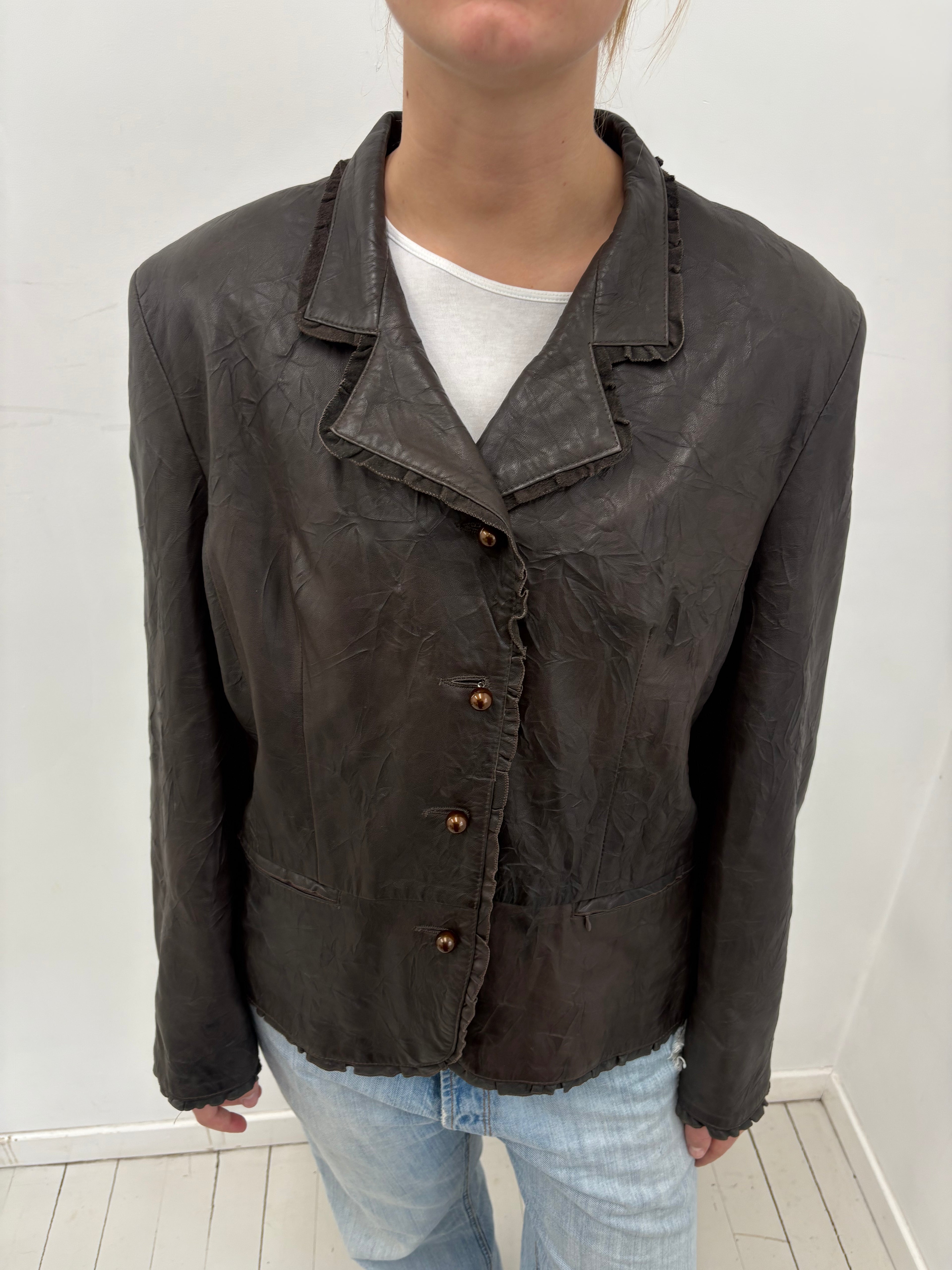 Dark Brown Ruffle-Trim Crinkled Leather Jacket