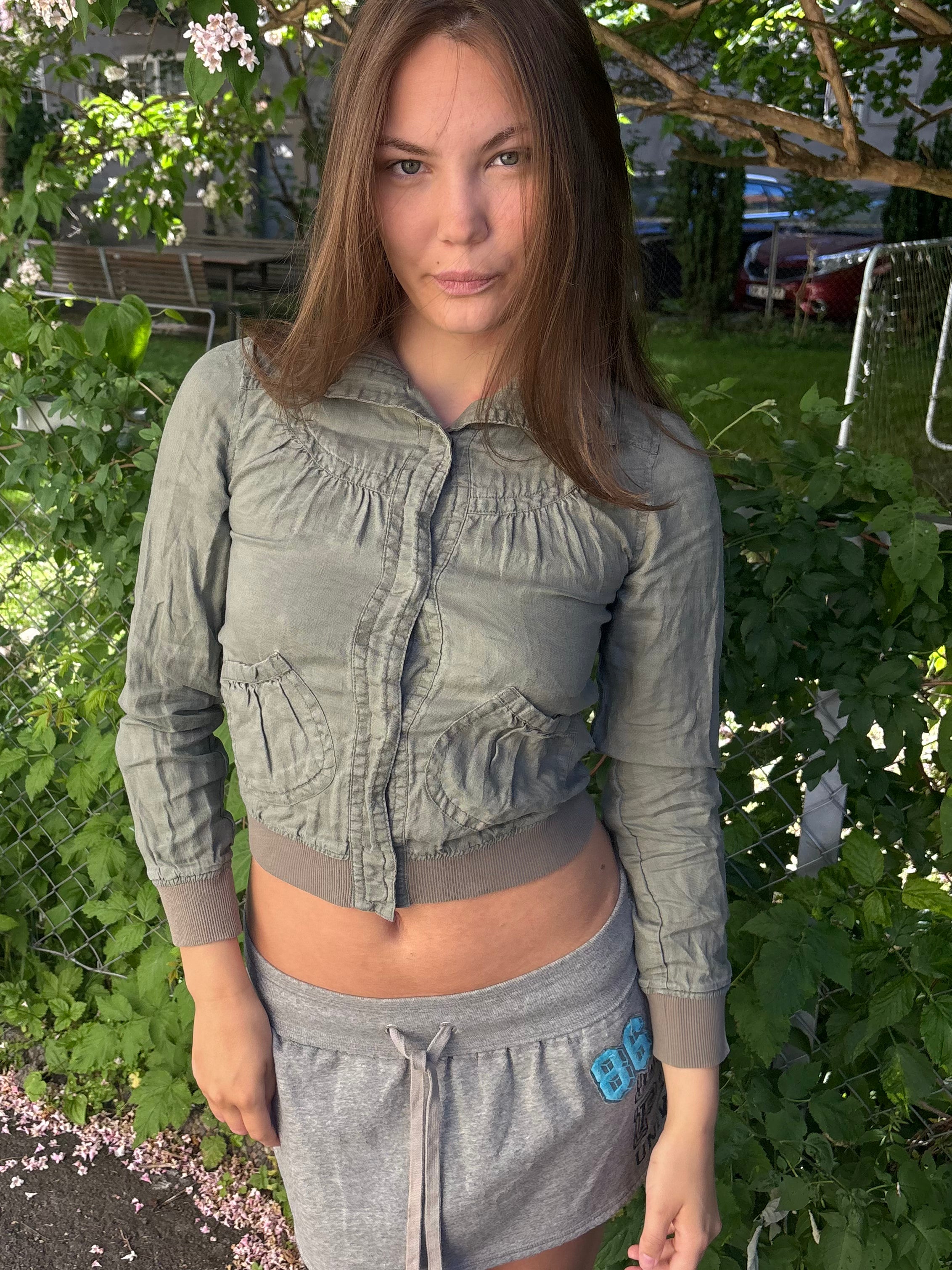 Olive Green Cropped Bomber Jacket