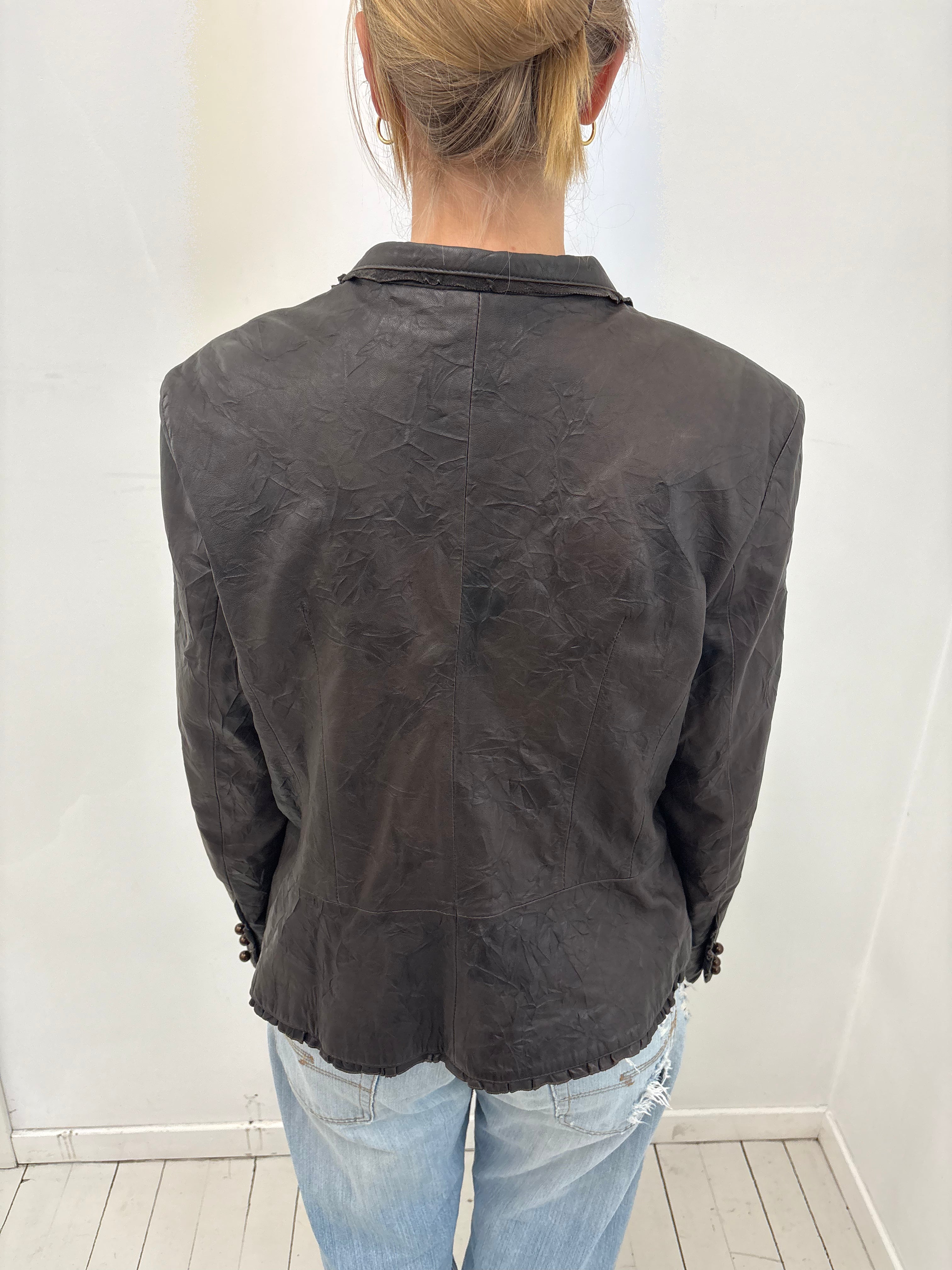 Dark Brown Ruffle-Trim Crinkled Leather Jacket