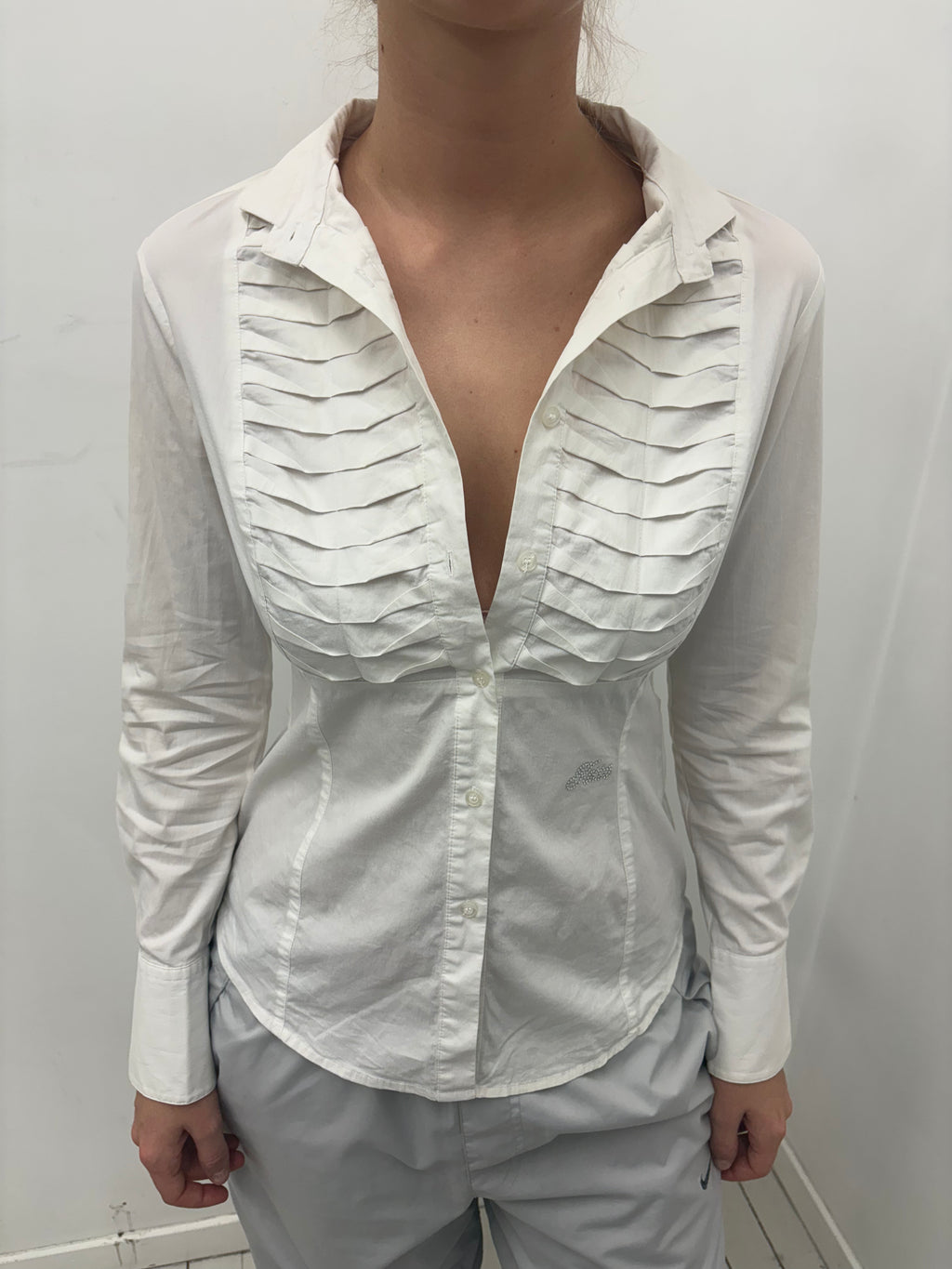 White Pleated Front Button-Up Blouse