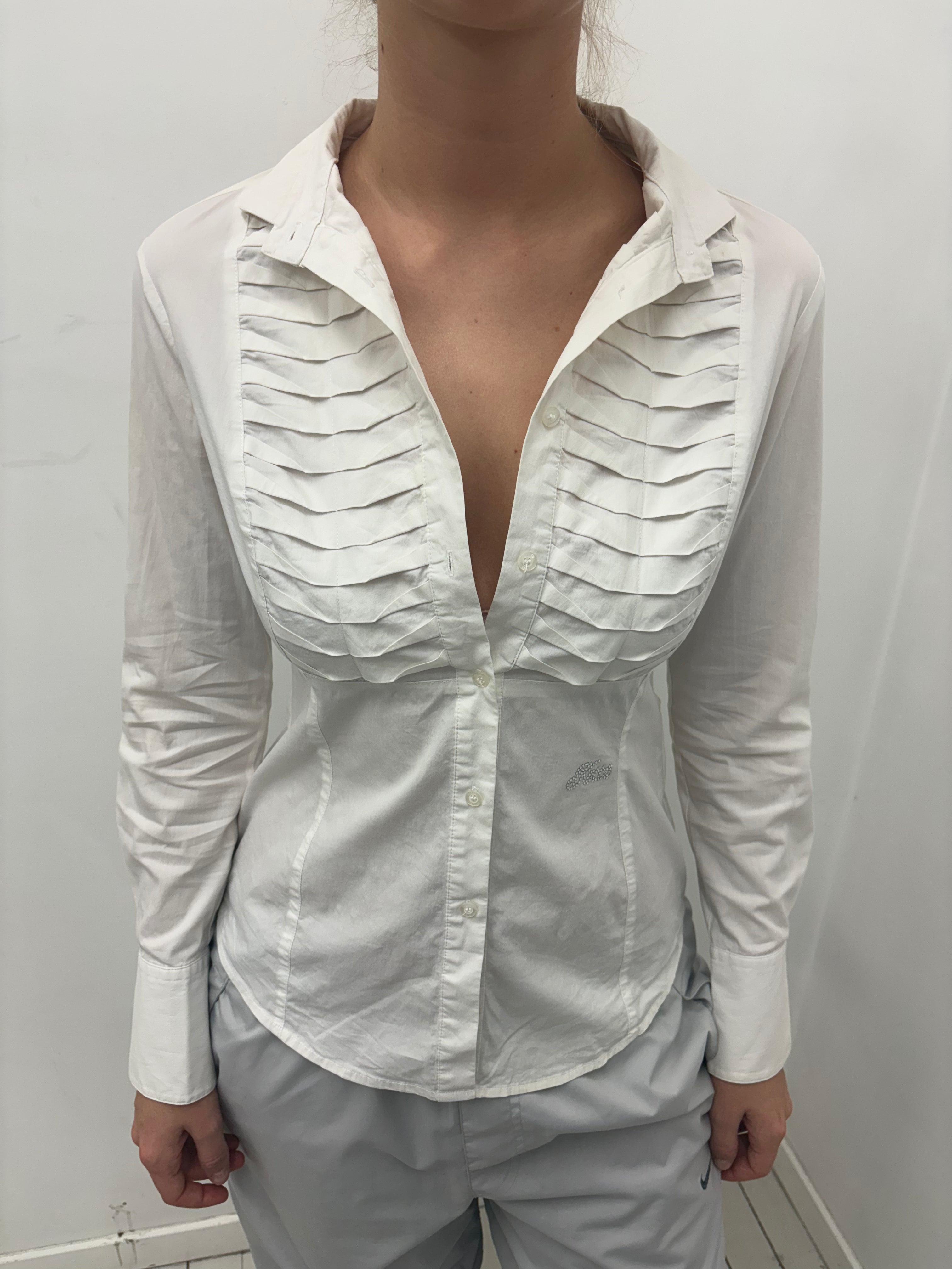 White Pleated Front Button-Up Blouse