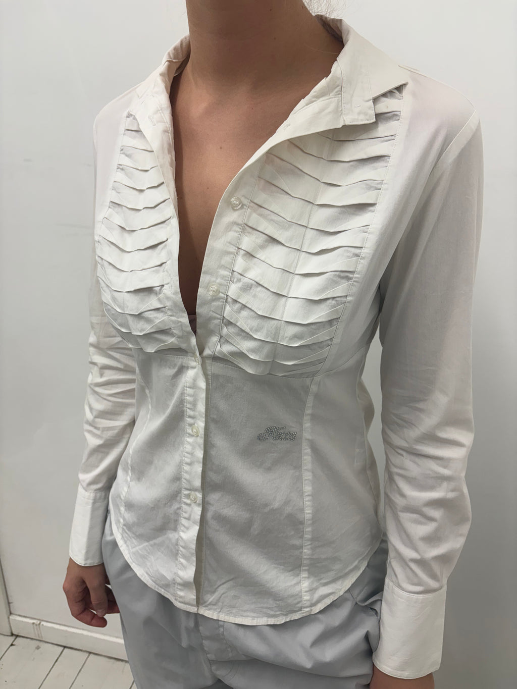 White Pleated Front Button-Up Blouse