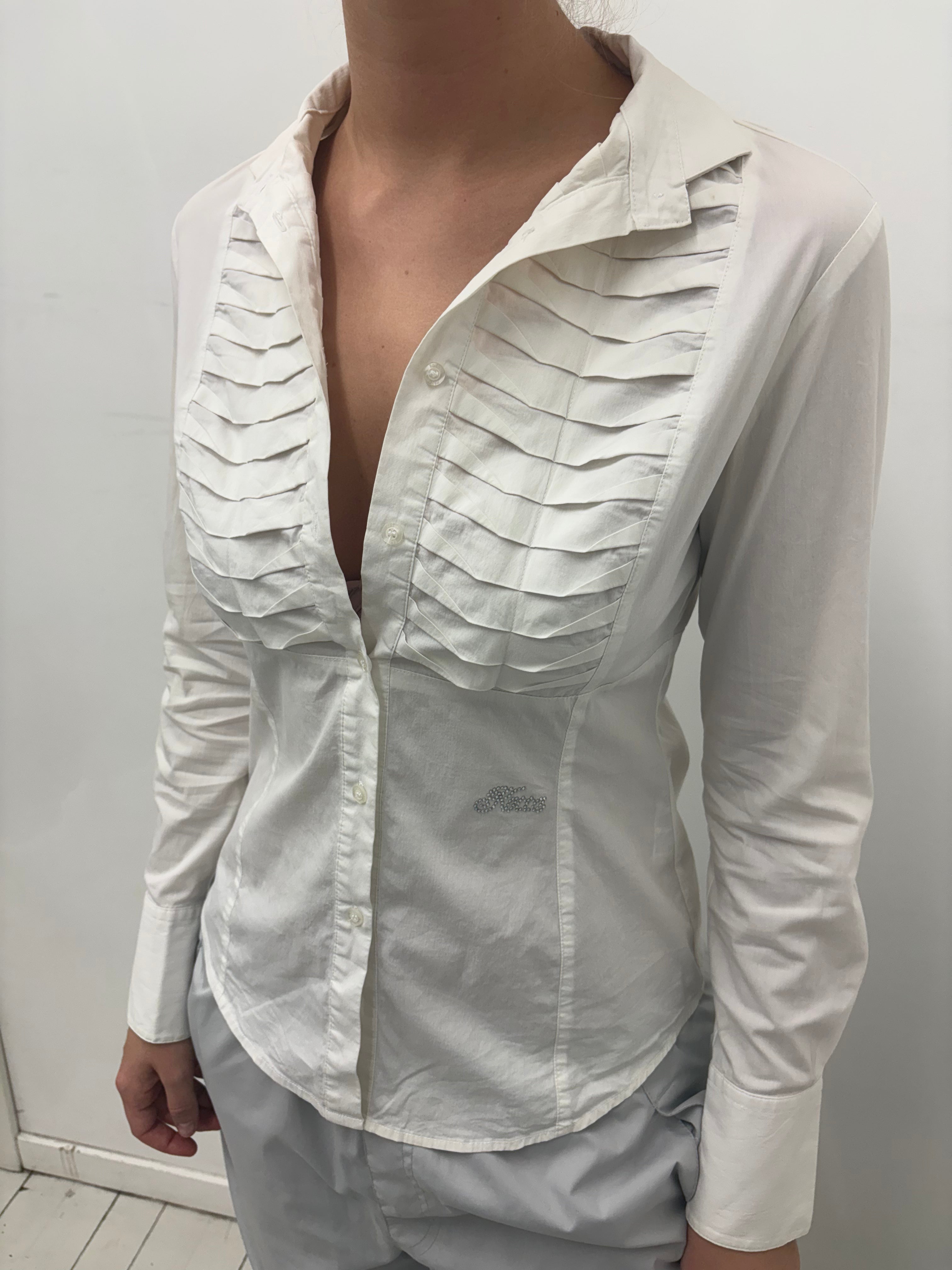 White Pleated Front Button-Up Blouse