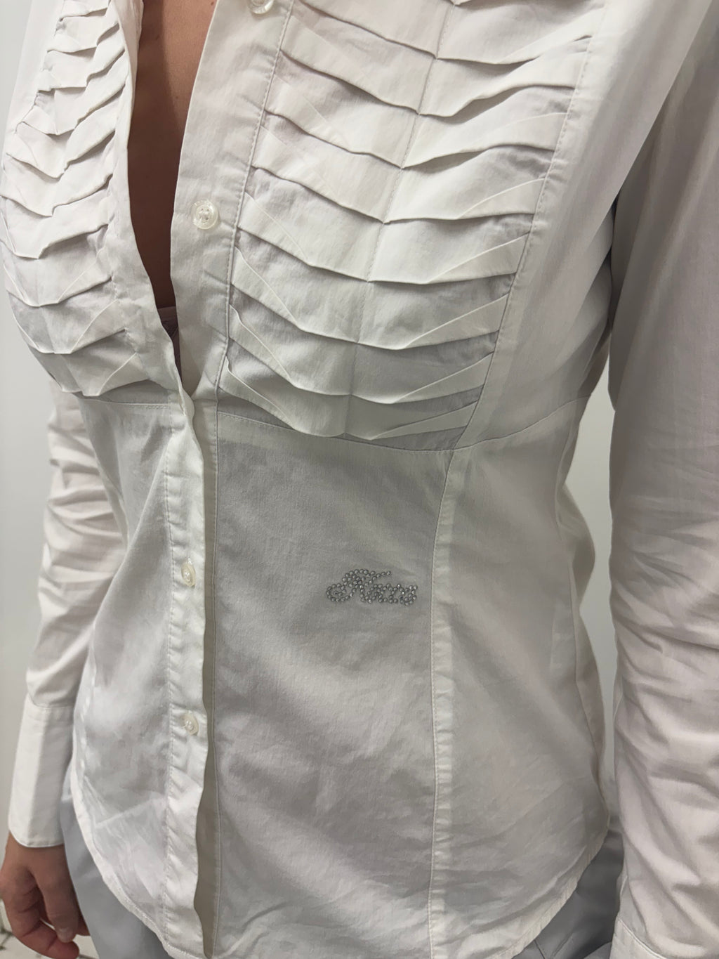 White Pleated Front Button-Up Blouse