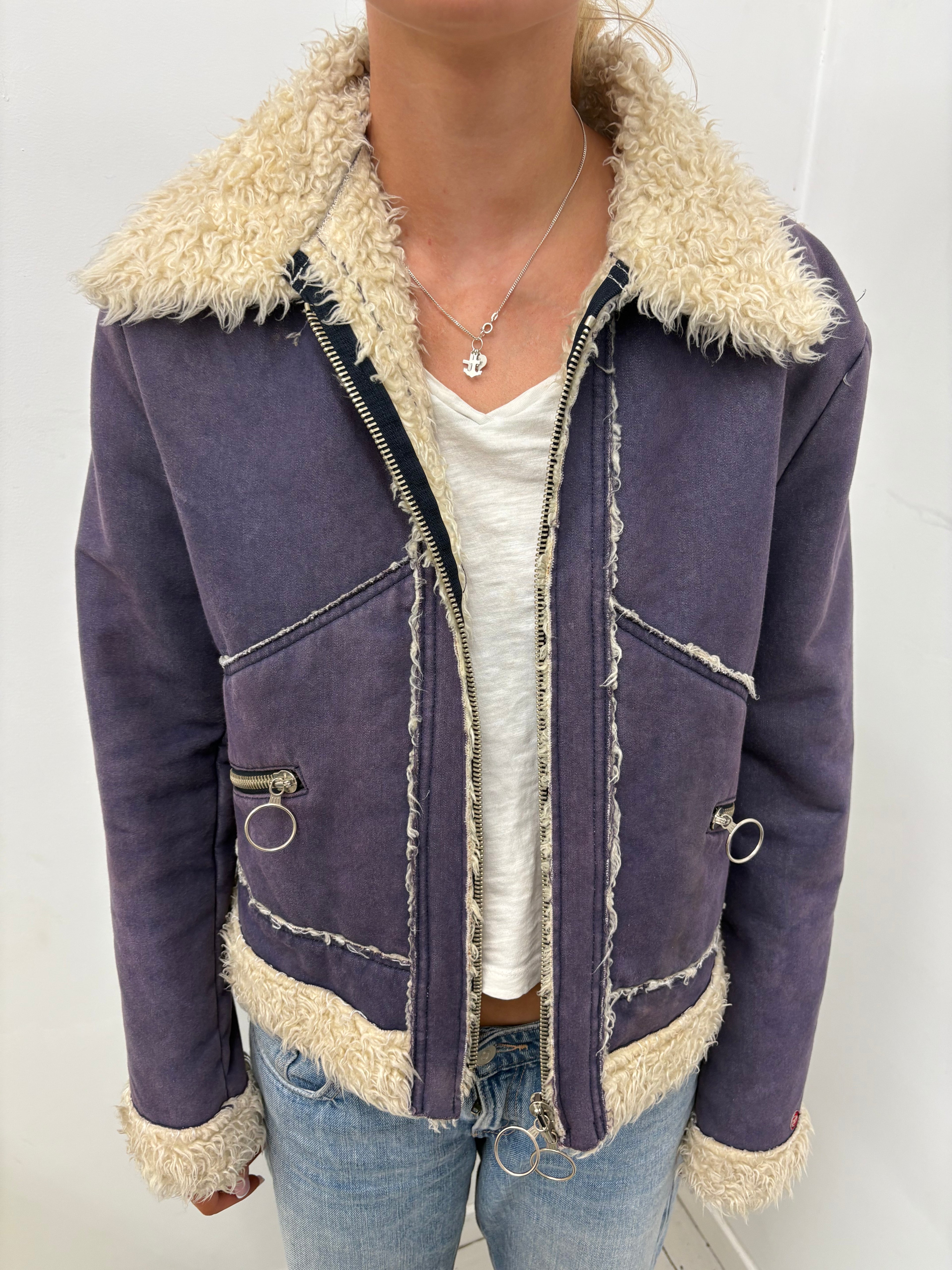 Vintage Purple Shearling Trim Aviator Jacket