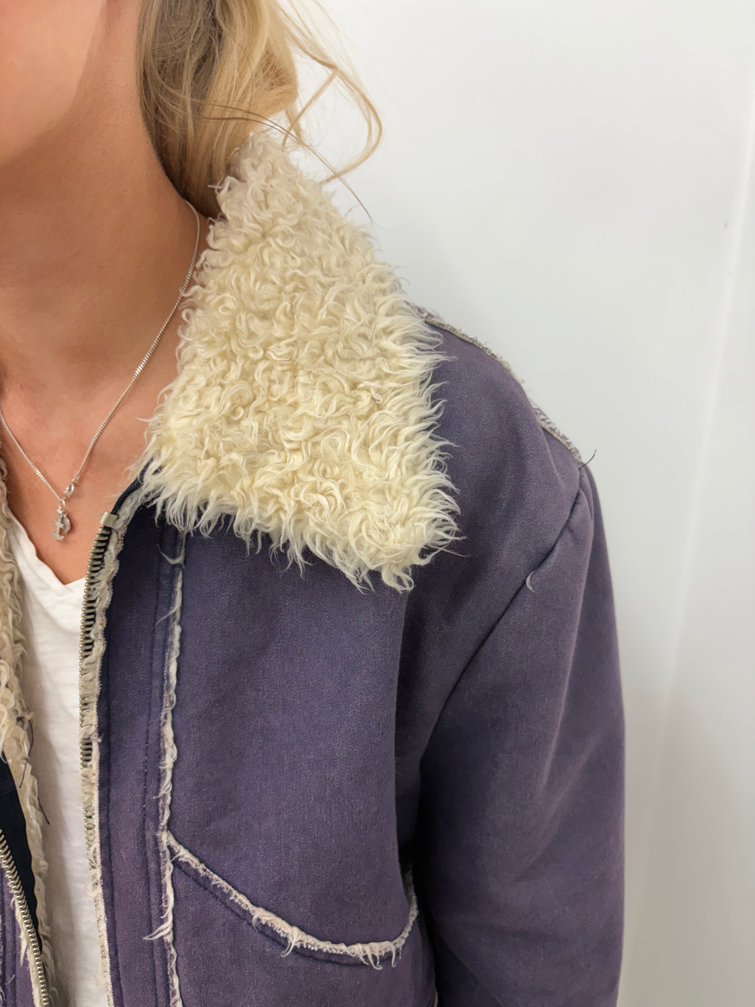 Vintage Purple Shearling Trim Aviator Jacket