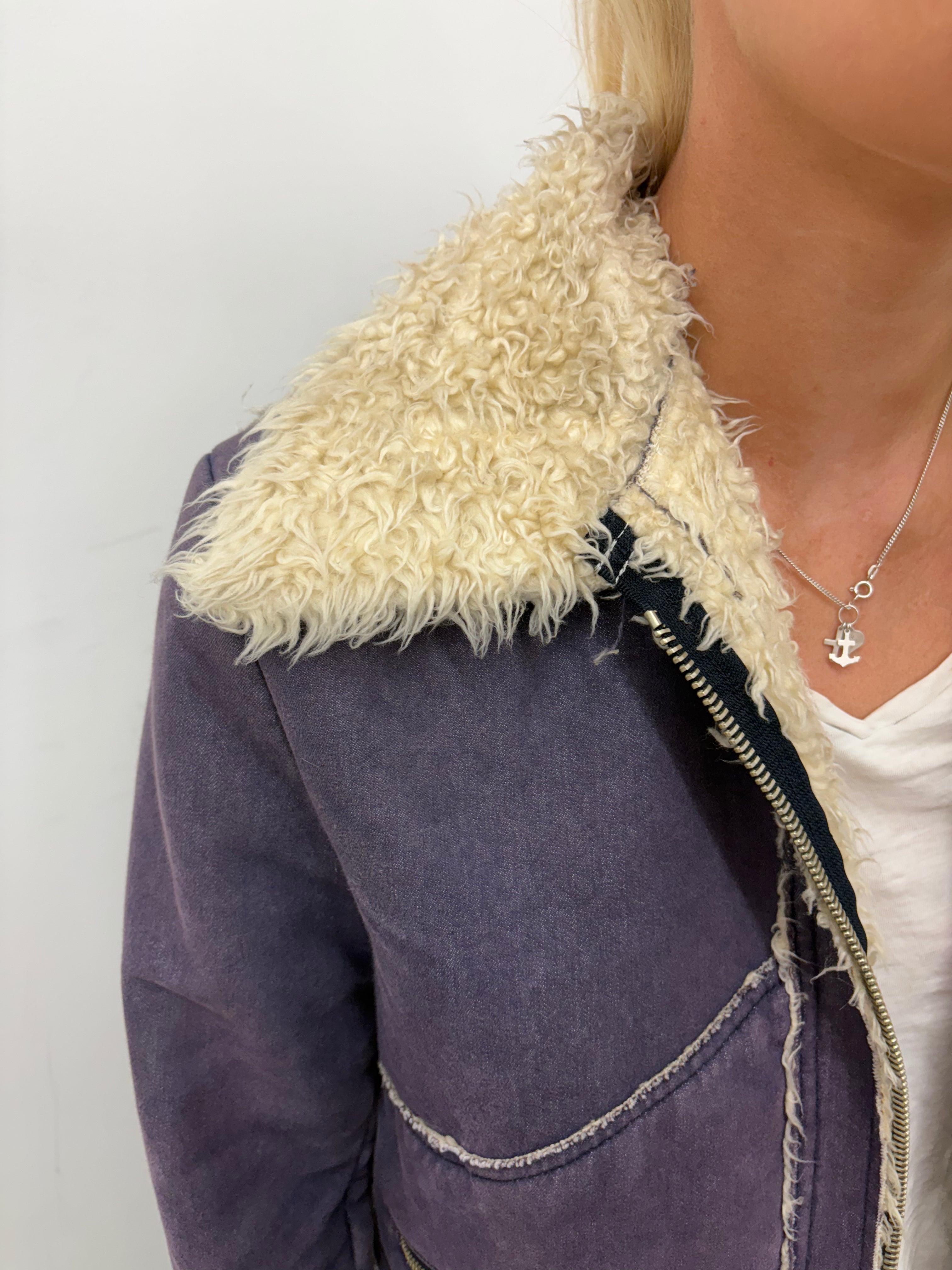 Vintage Purple Shearling Trim Aviator Jacket