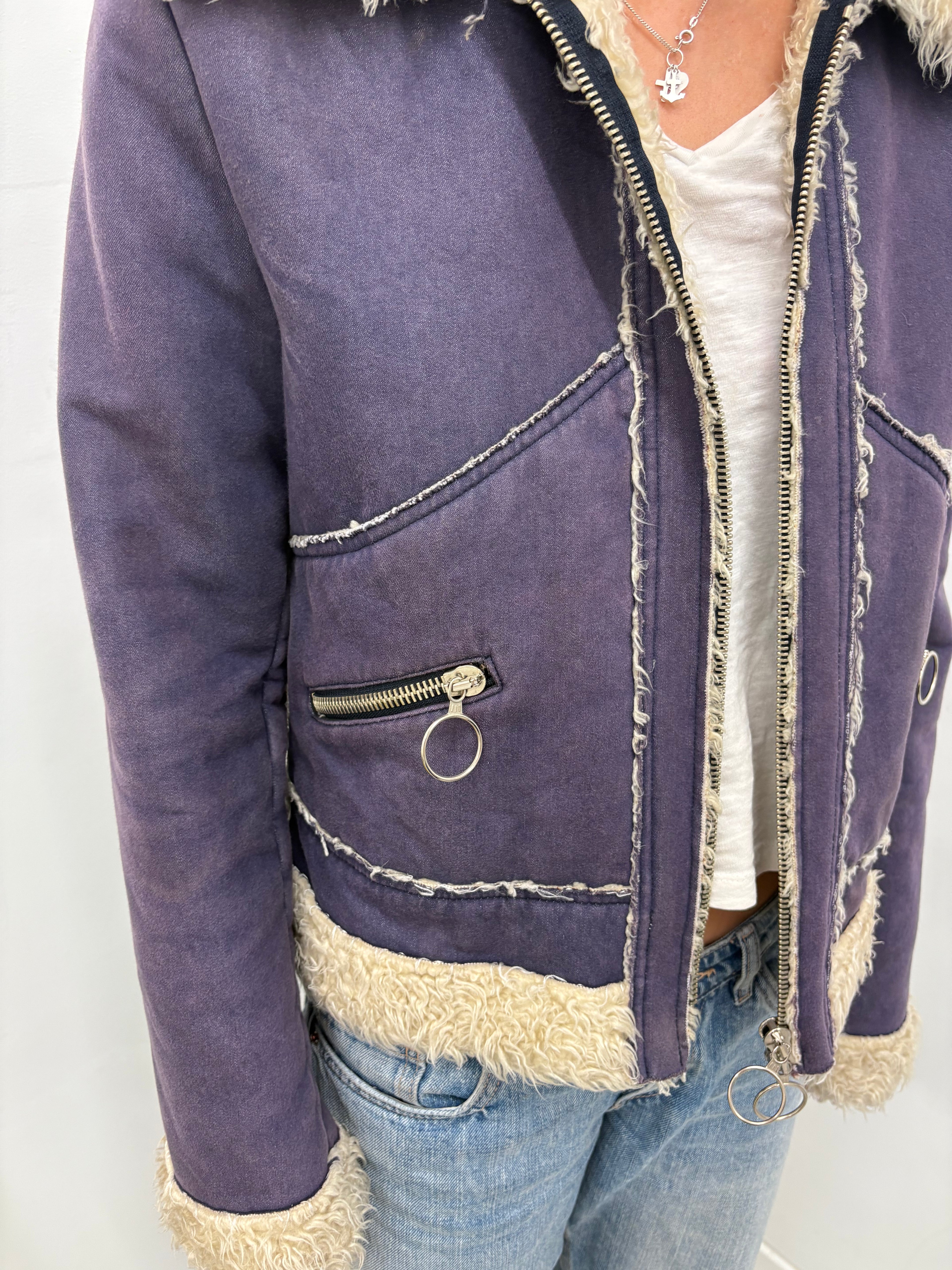 Vintage Purple Shearling Trim Aviator Jacket