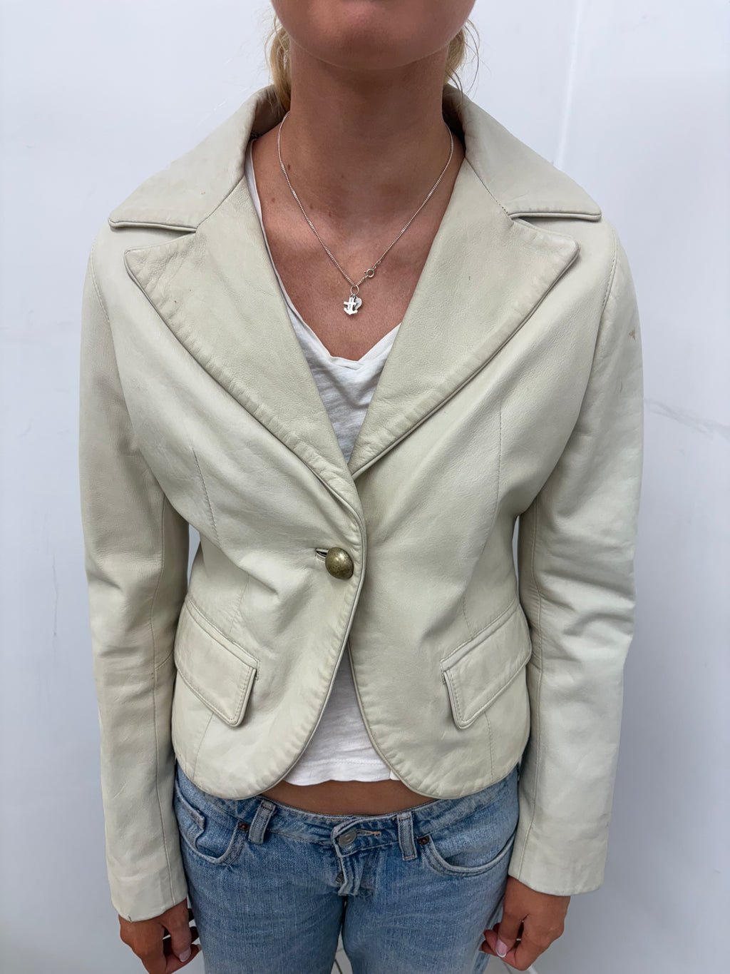 Vintage Beige Leather Blazer Gold Button