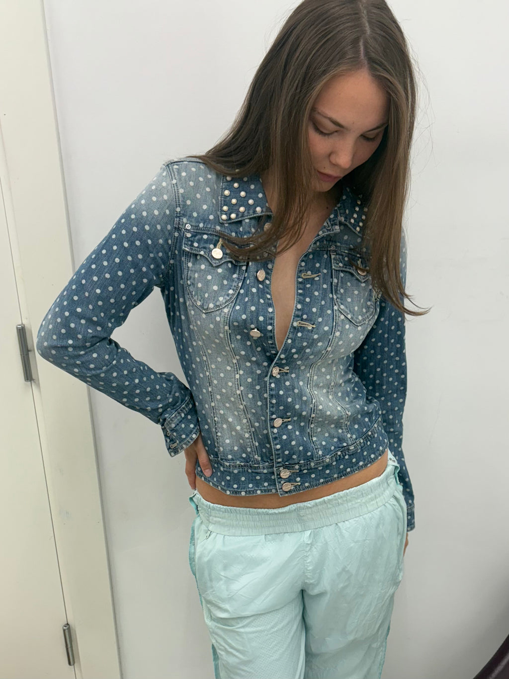 Denim Polka Dot Jacket with Pearl Collar Detail