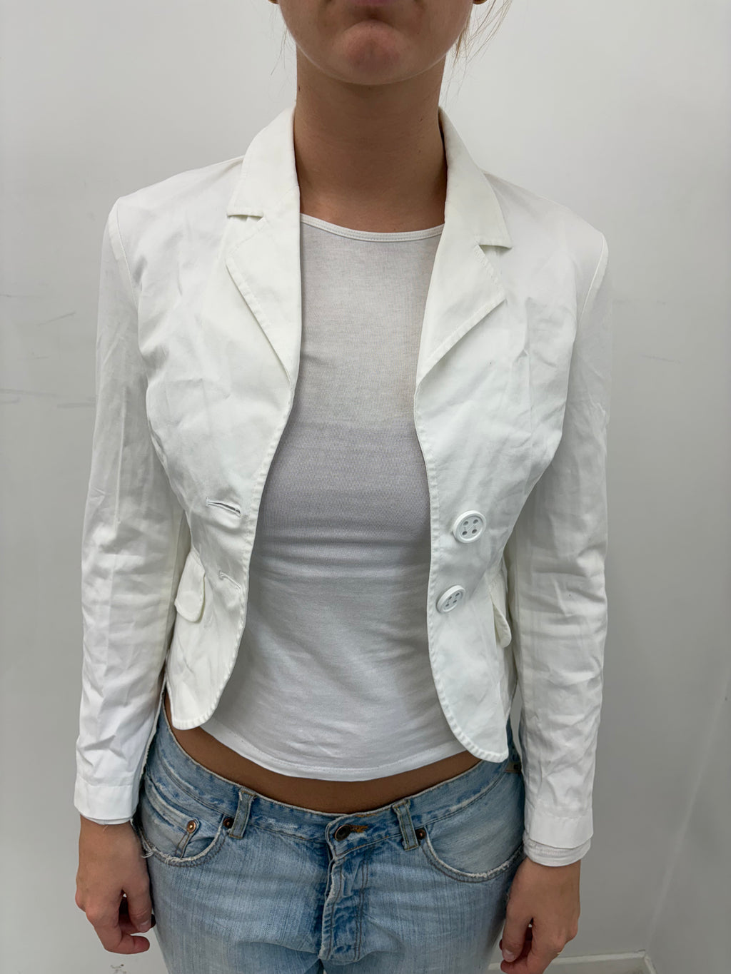 Crisp White Cropped Cotton Blazer Y2K