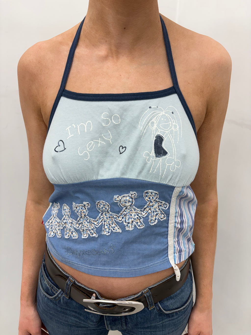 Y2K Blue Patchwork Halter Top