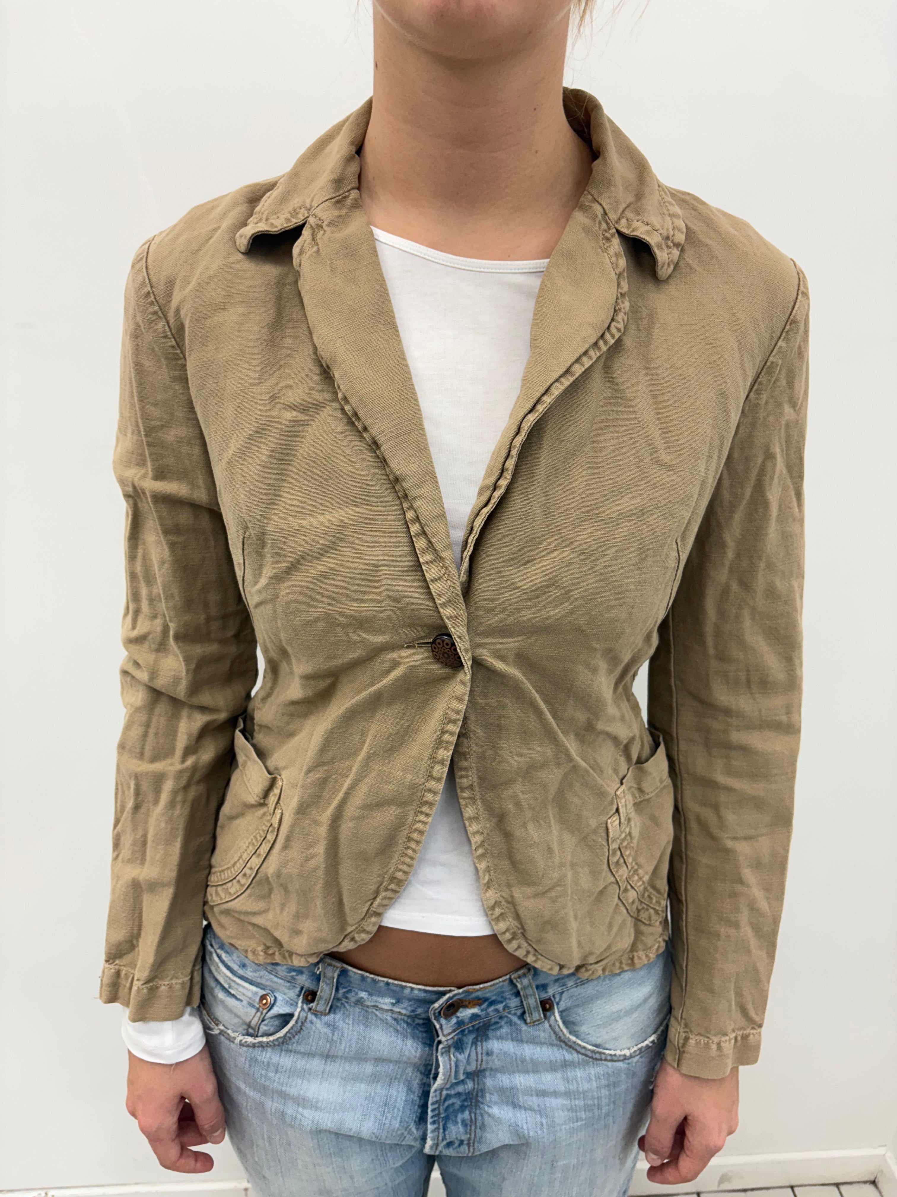 Khaki One-Button Blazer Frayed Edge Detail
