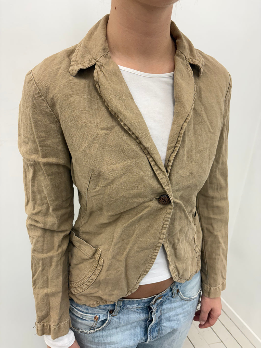 Khaki One-Button Blazer Frayed Edge Detail
