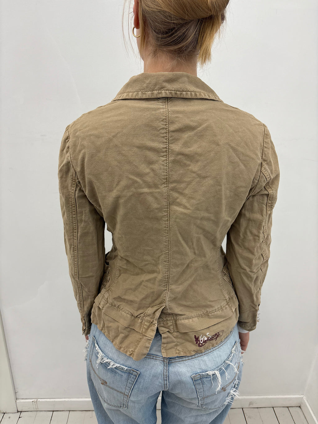 Khaki One-Button Blazer Frayed Edge Detail