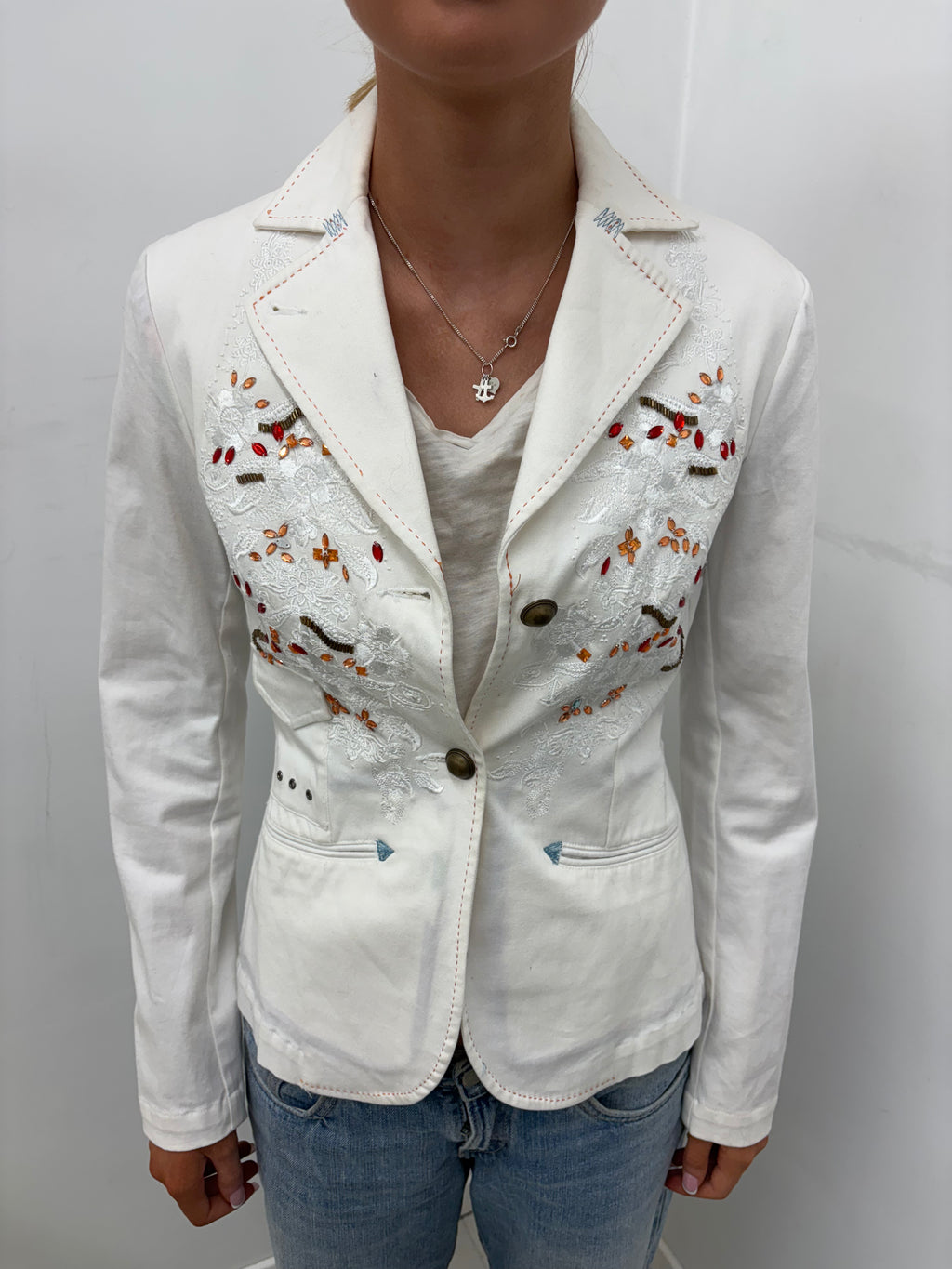 Vintage White Embellished Blazer Lace Gem Detail