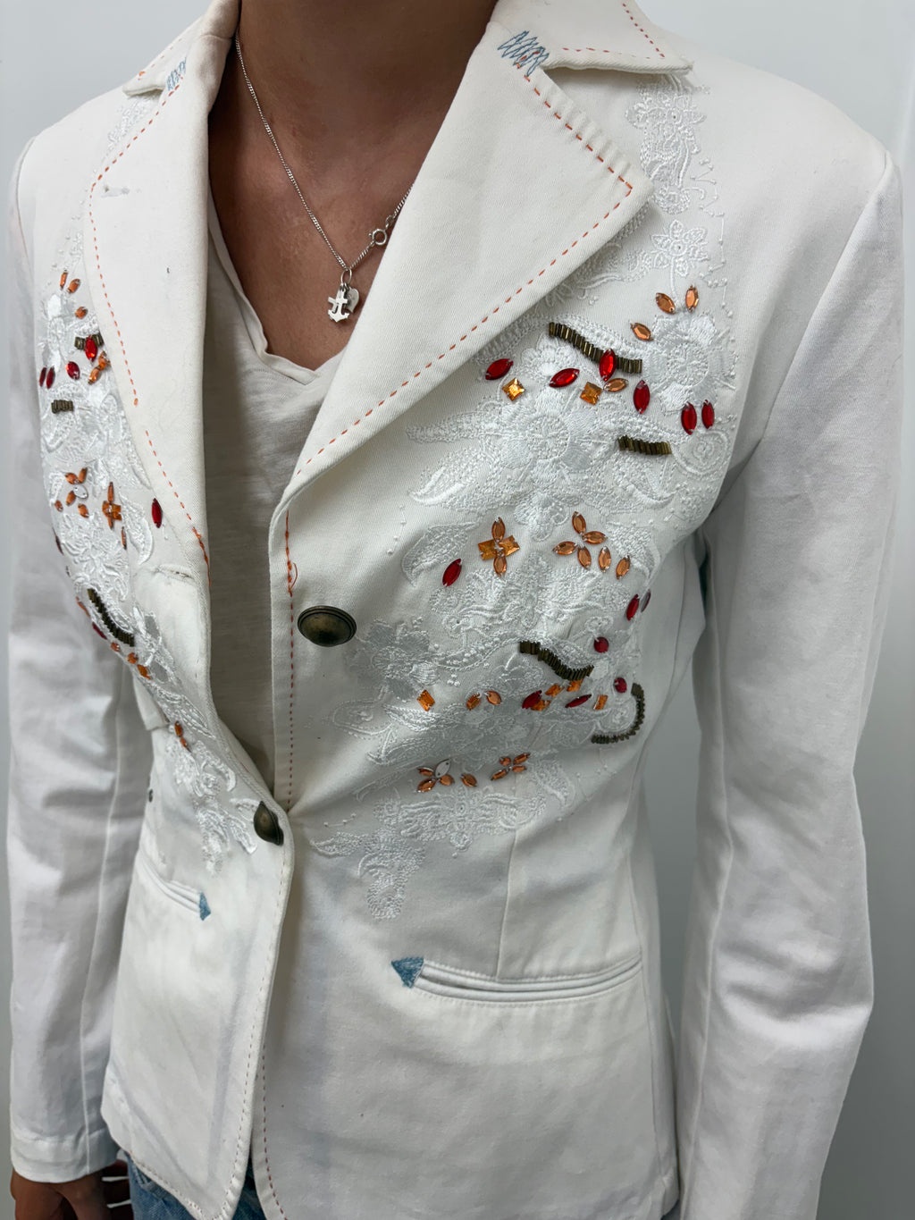 Vintage White Embellished Blazer Lace Gem Detail