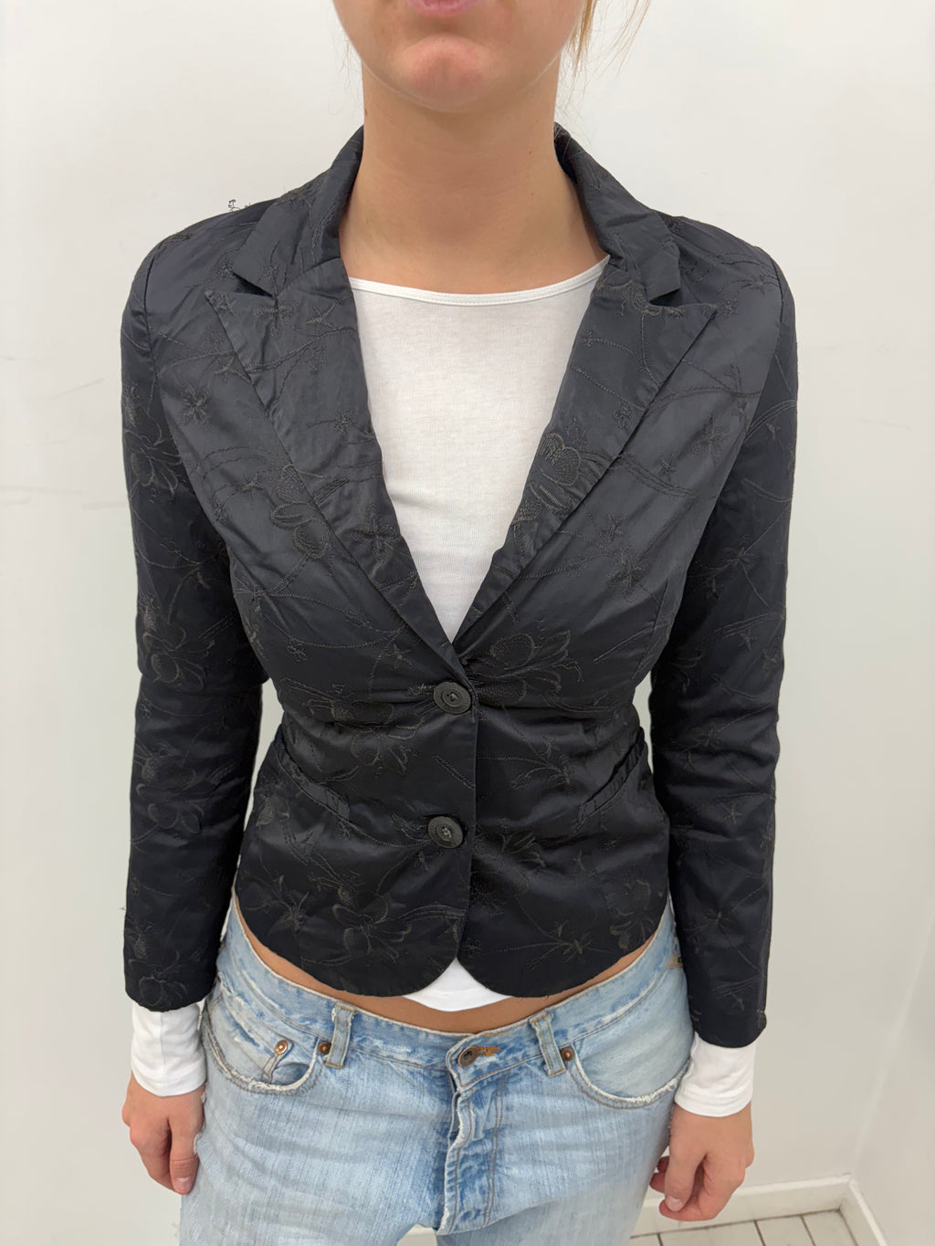 Black Floral Embroidered Satin Fitted Blazer