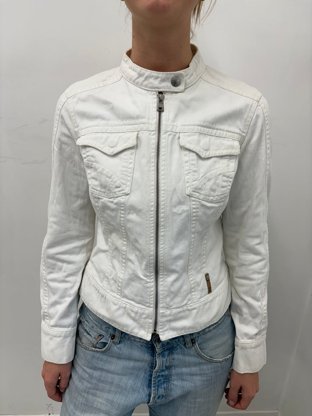 White Fitted Zip-Up Denim Moto Jacket