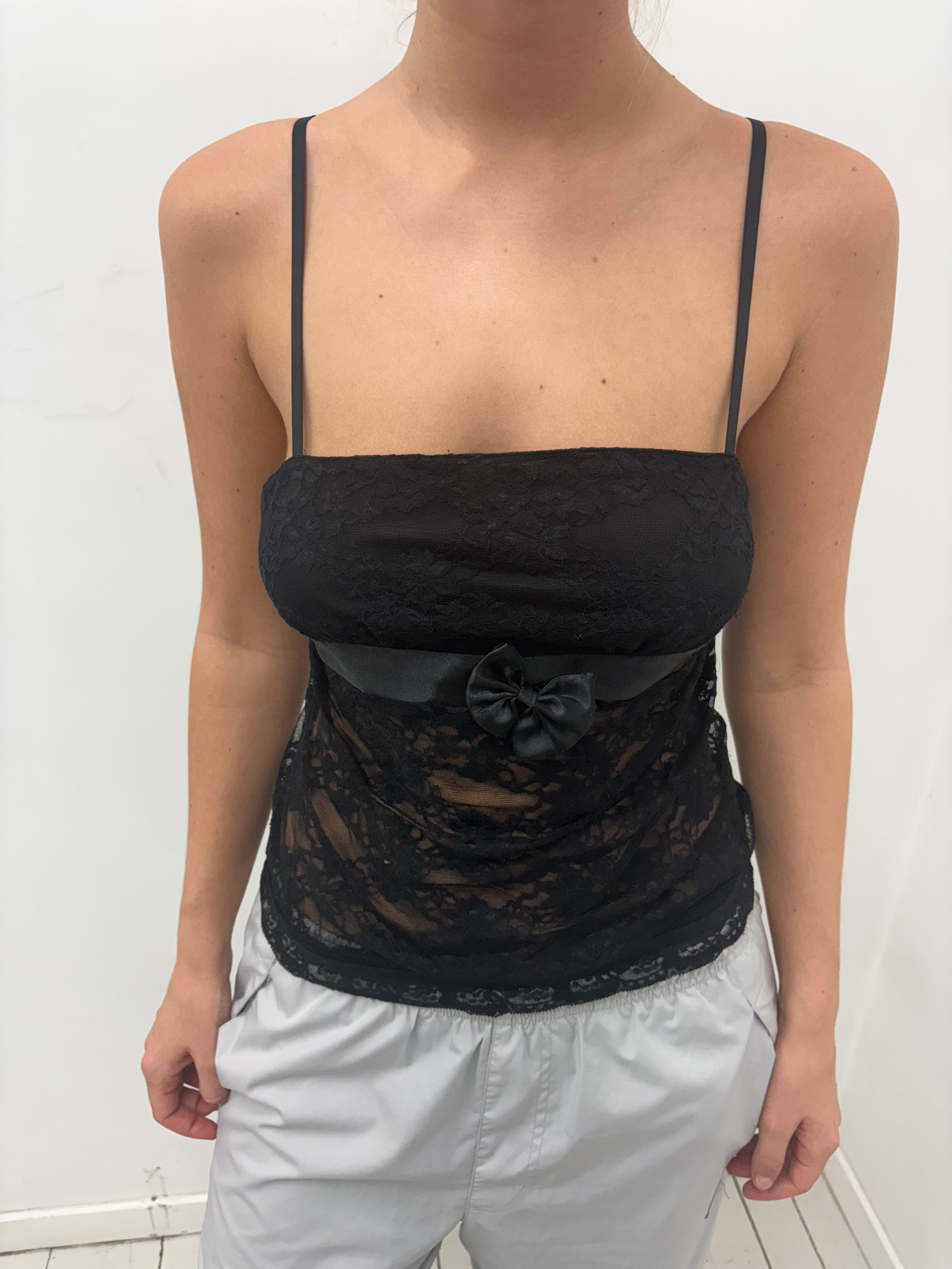 Black Sheer Lace Camisole with Bow Detail