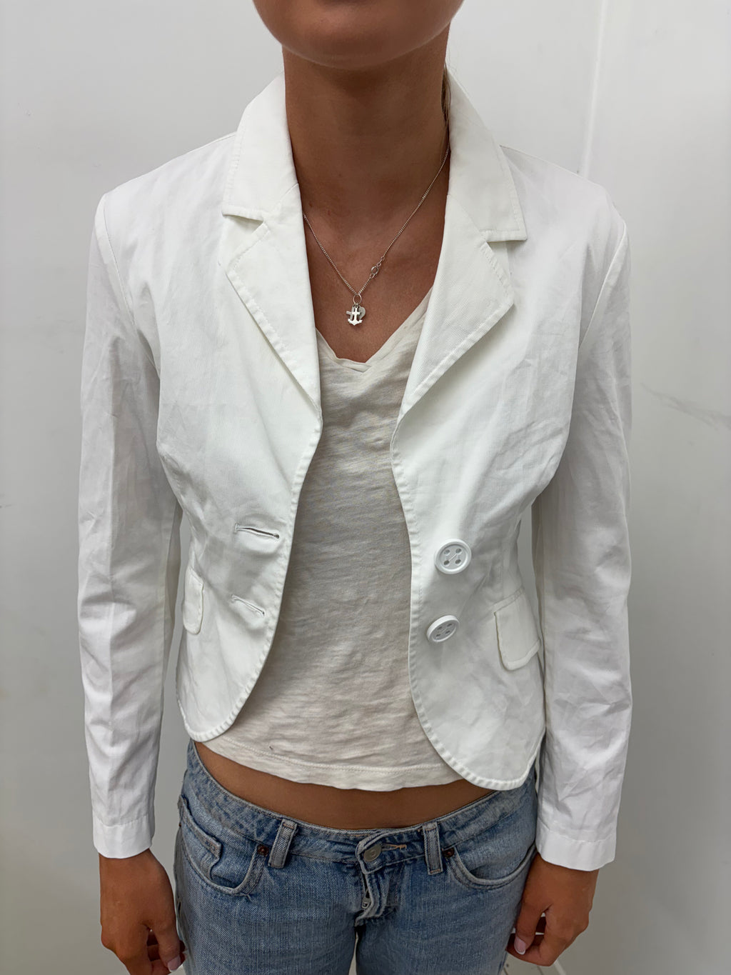 Vintage White Cropped Cotton Blazer