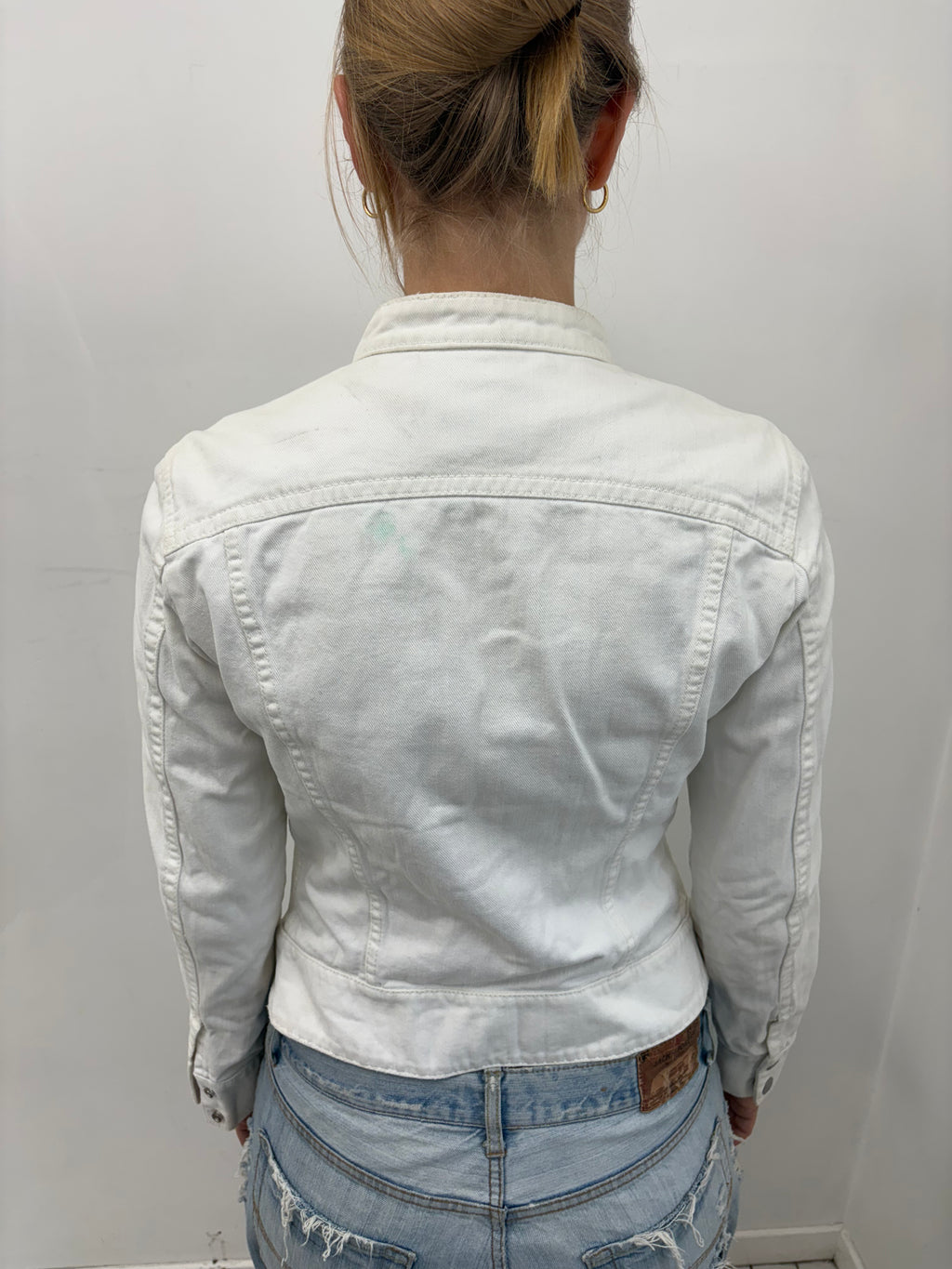White Fitted Zip-Up Denim Moto Jacket