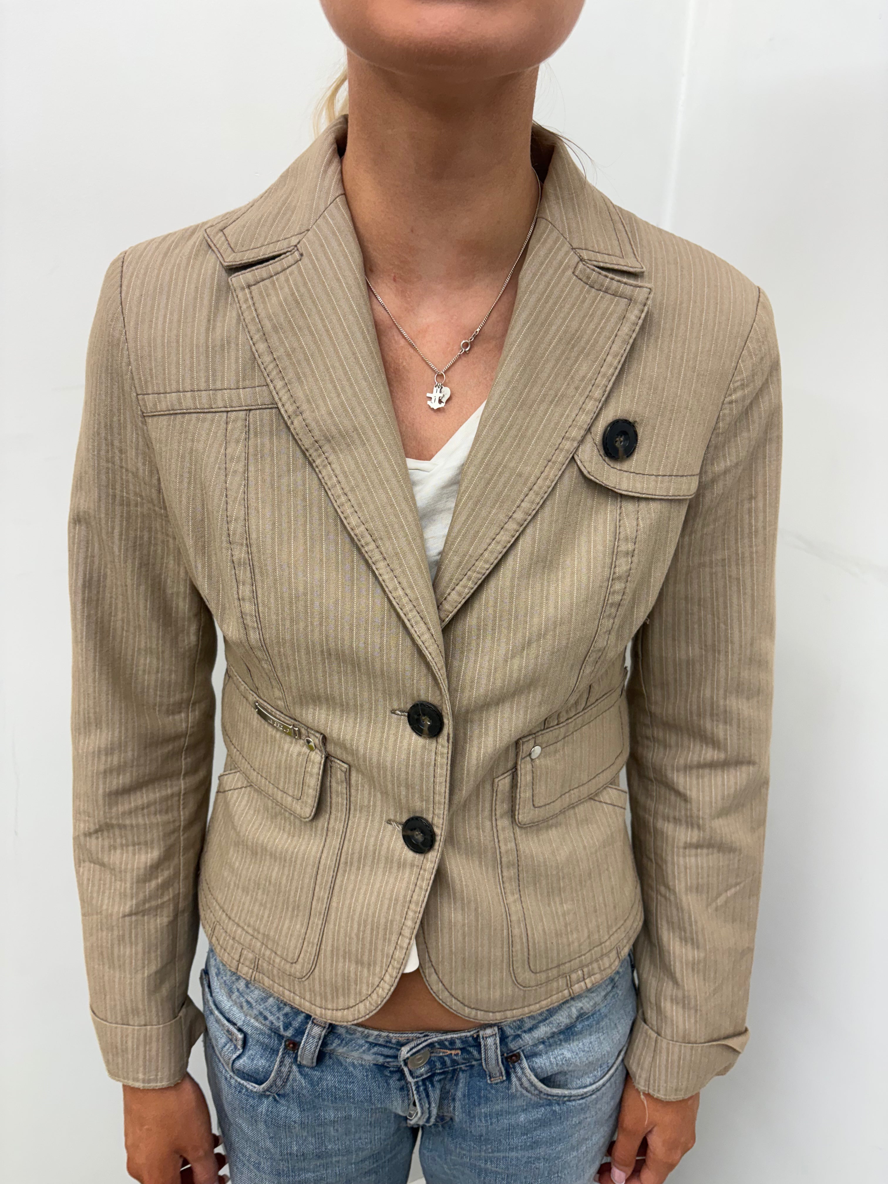 Vintage Pinstripe Fitted Blazer Camel