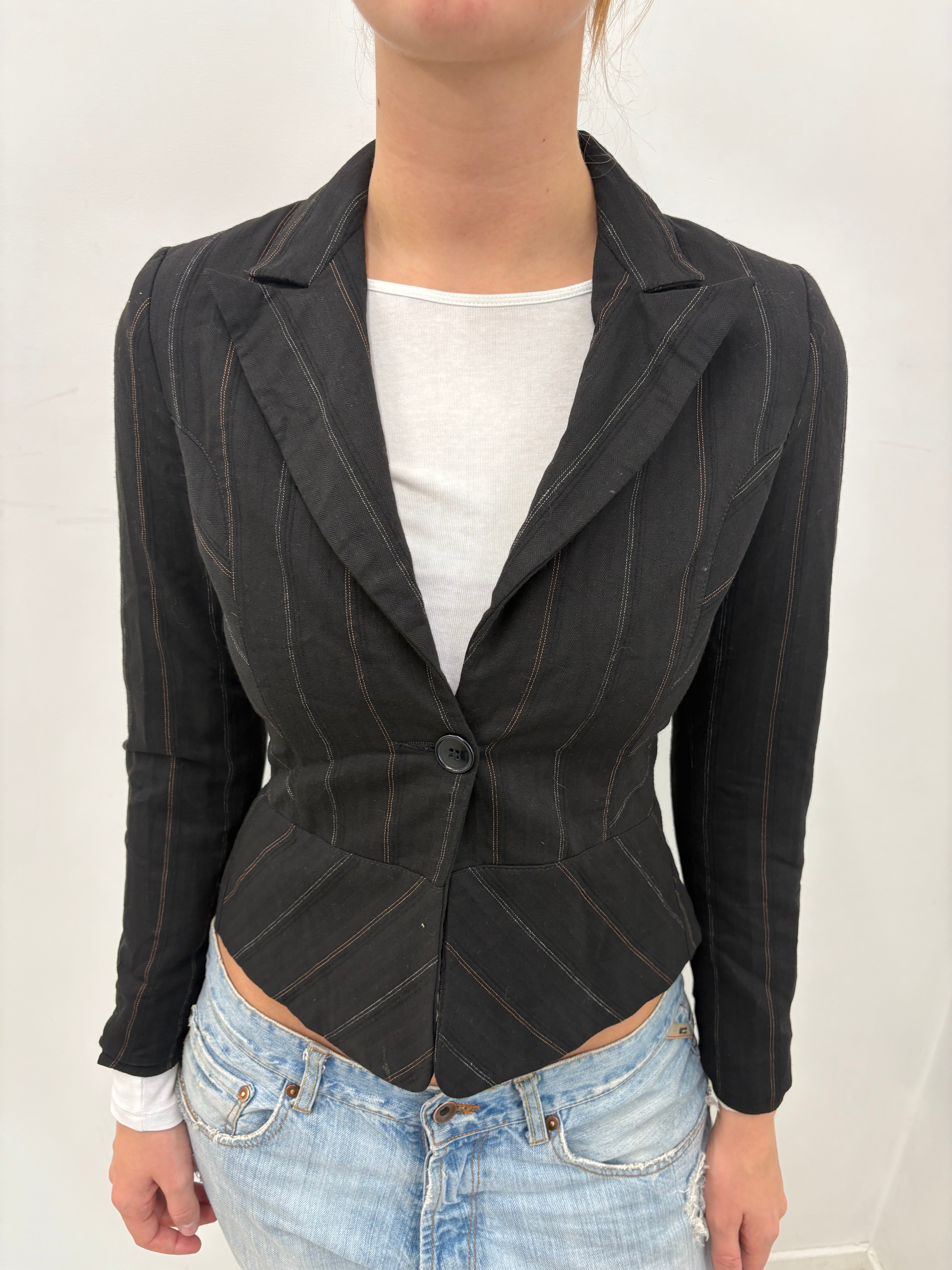 Dark Pinstripe One-Button Cropped Blazer Y2K
