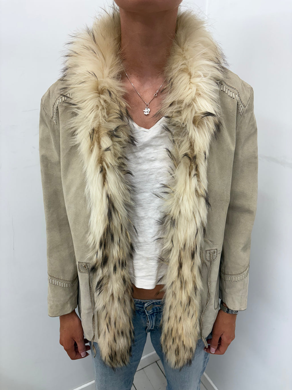 Vintage Sand Suede Jacket with Fur Trim