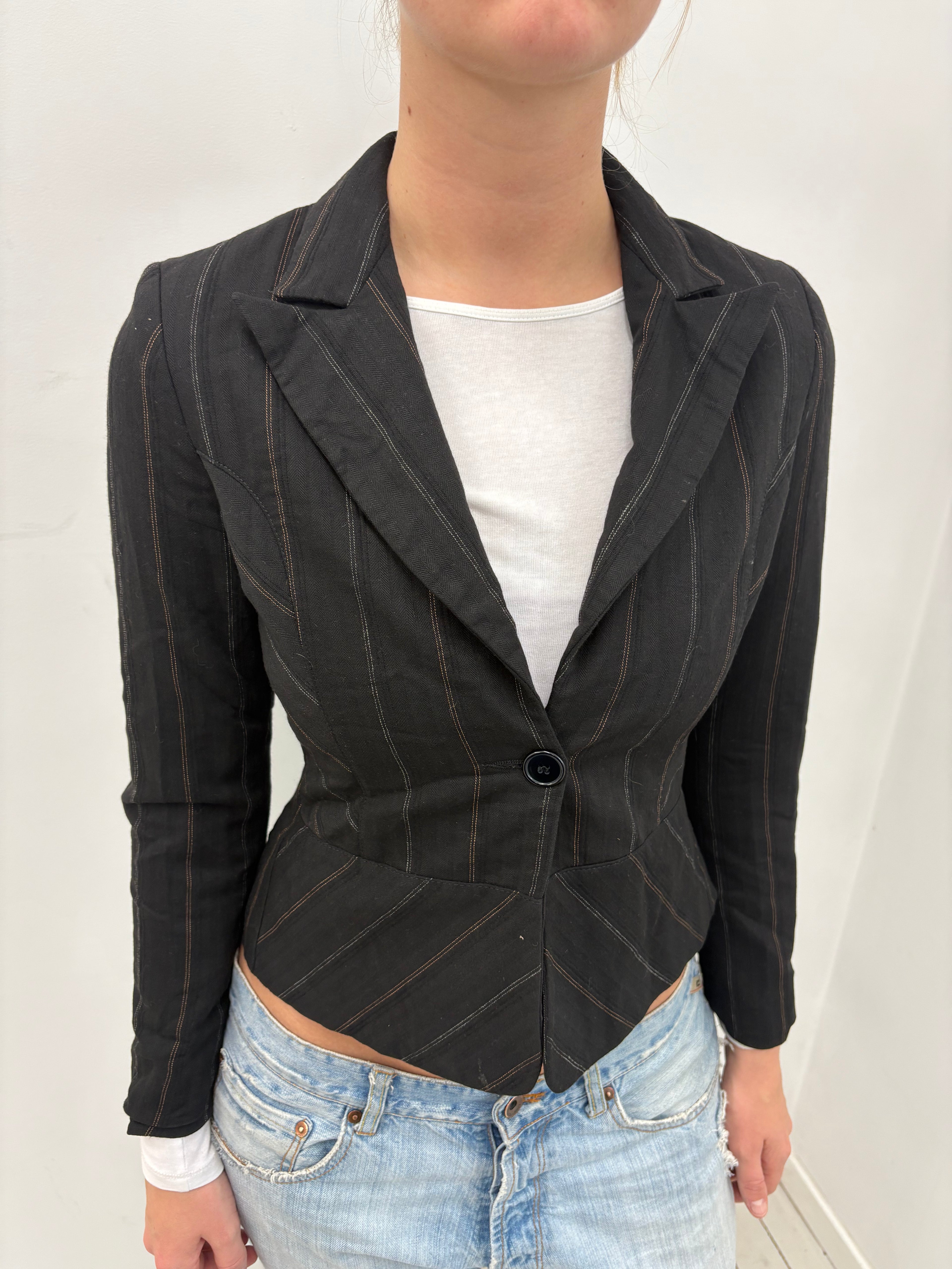 Dark Pinstripe One-Button Cropped Blazer Y2K