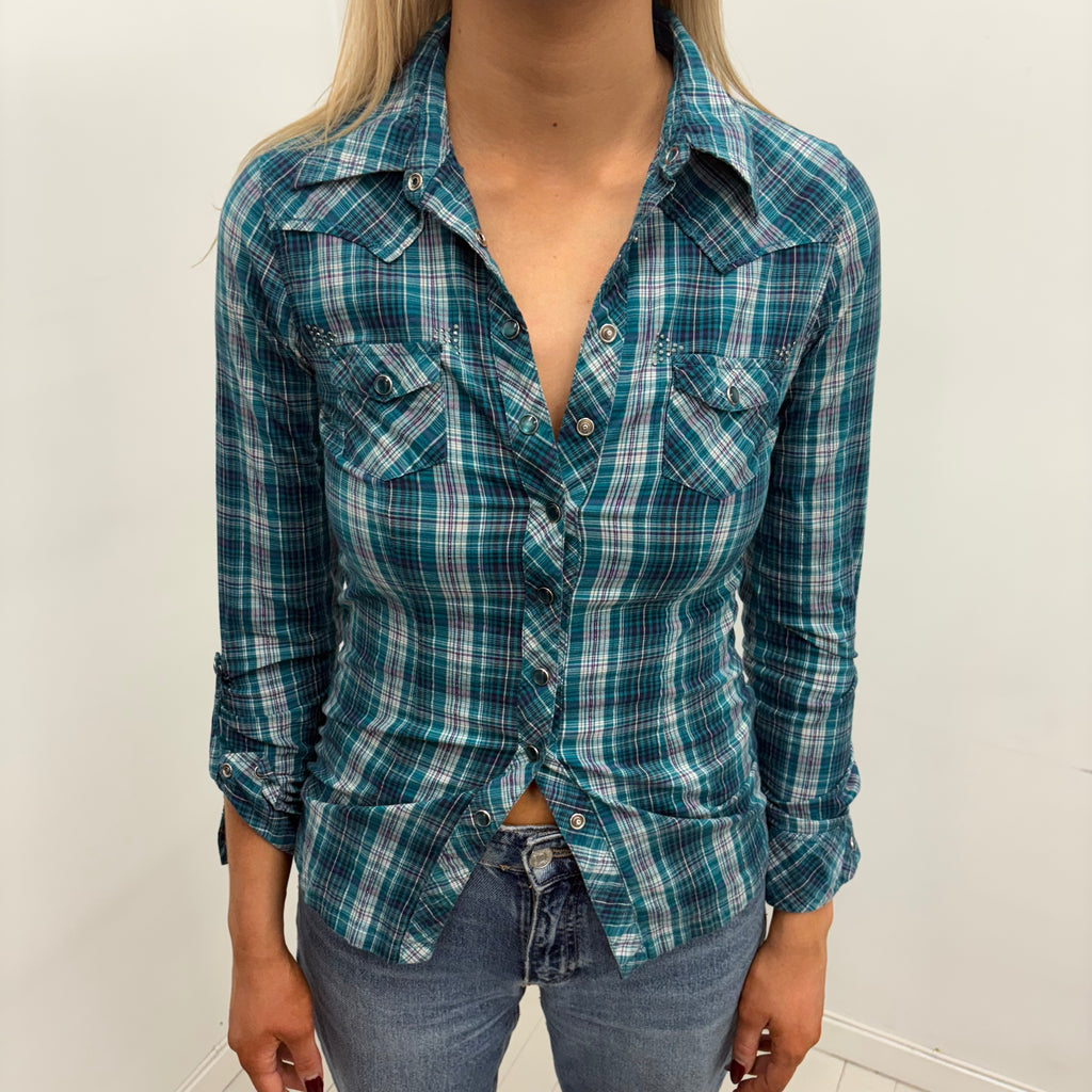 Teal Plaid Fitted Western Shirt