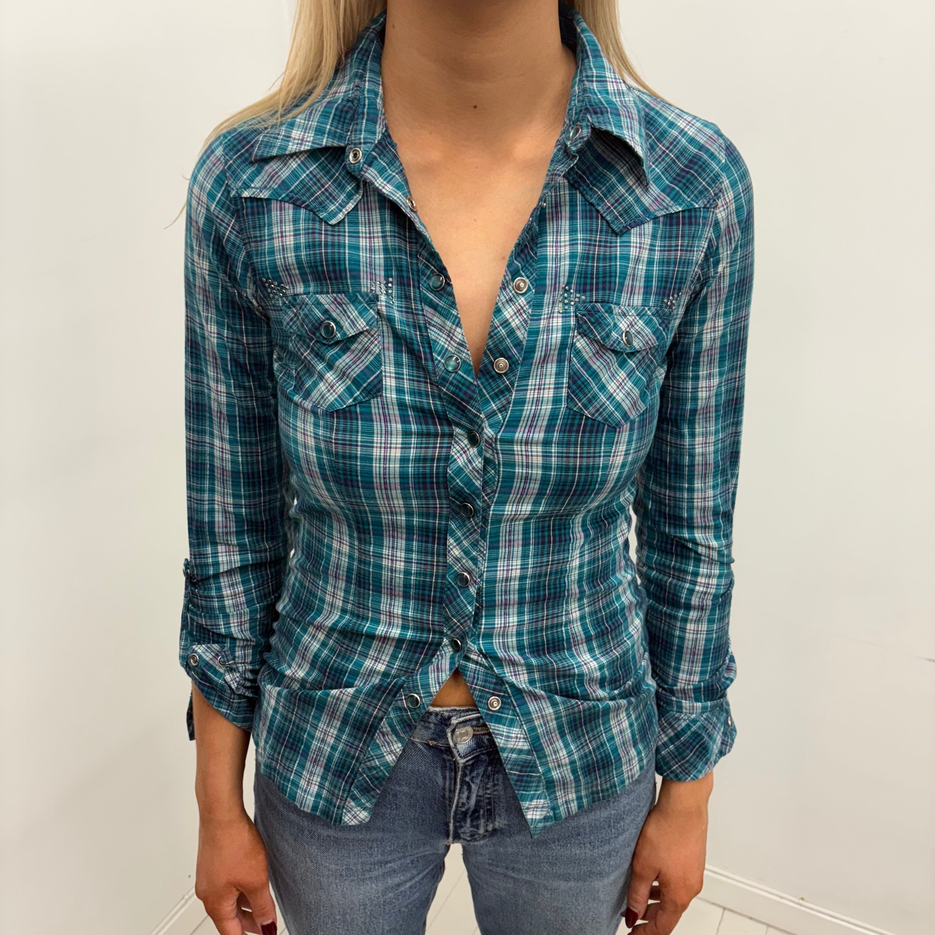 Teal Plaid Fitted Western Shirt