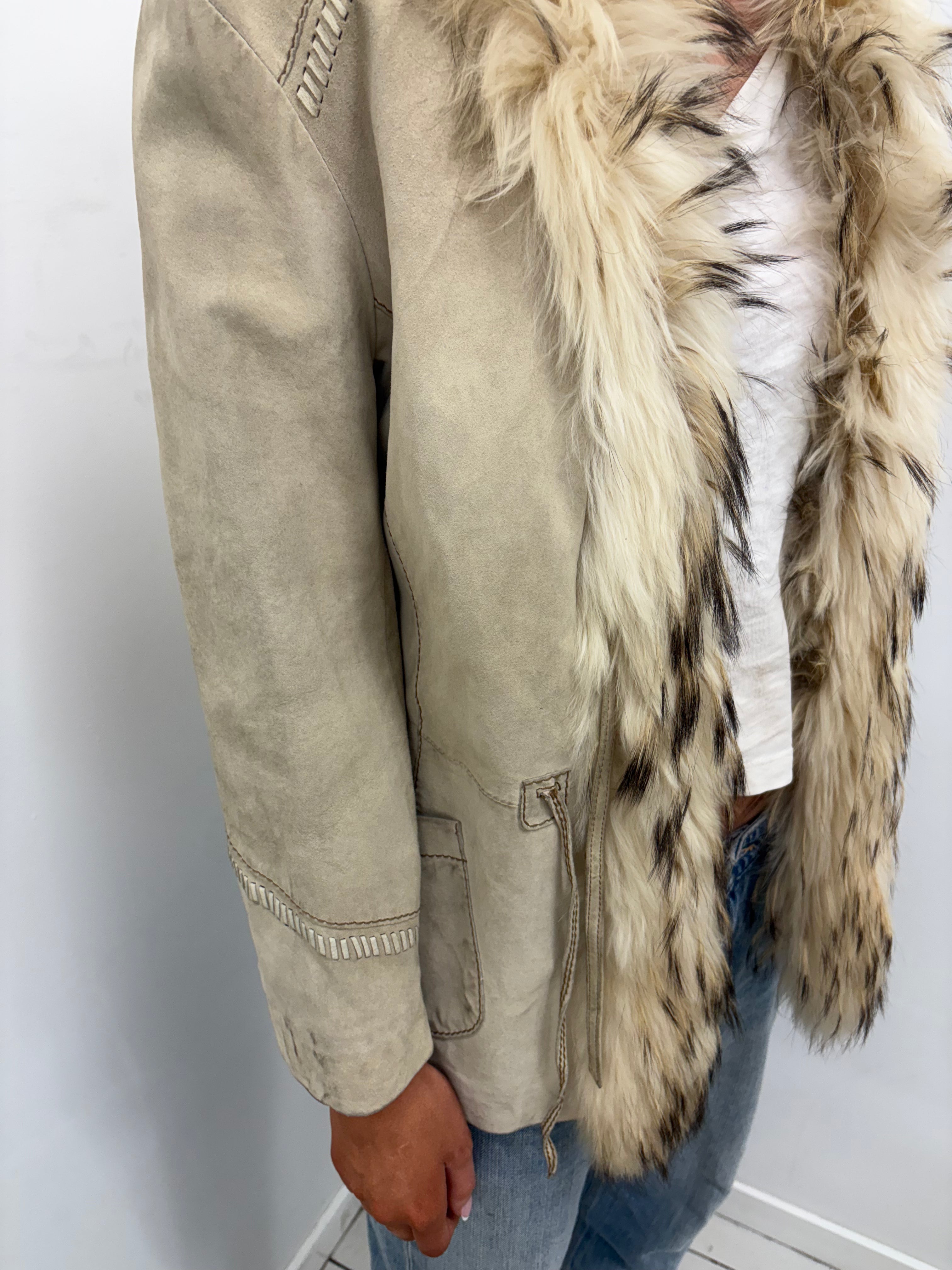 Vintage Sand Suede Jacket with Fur Trim