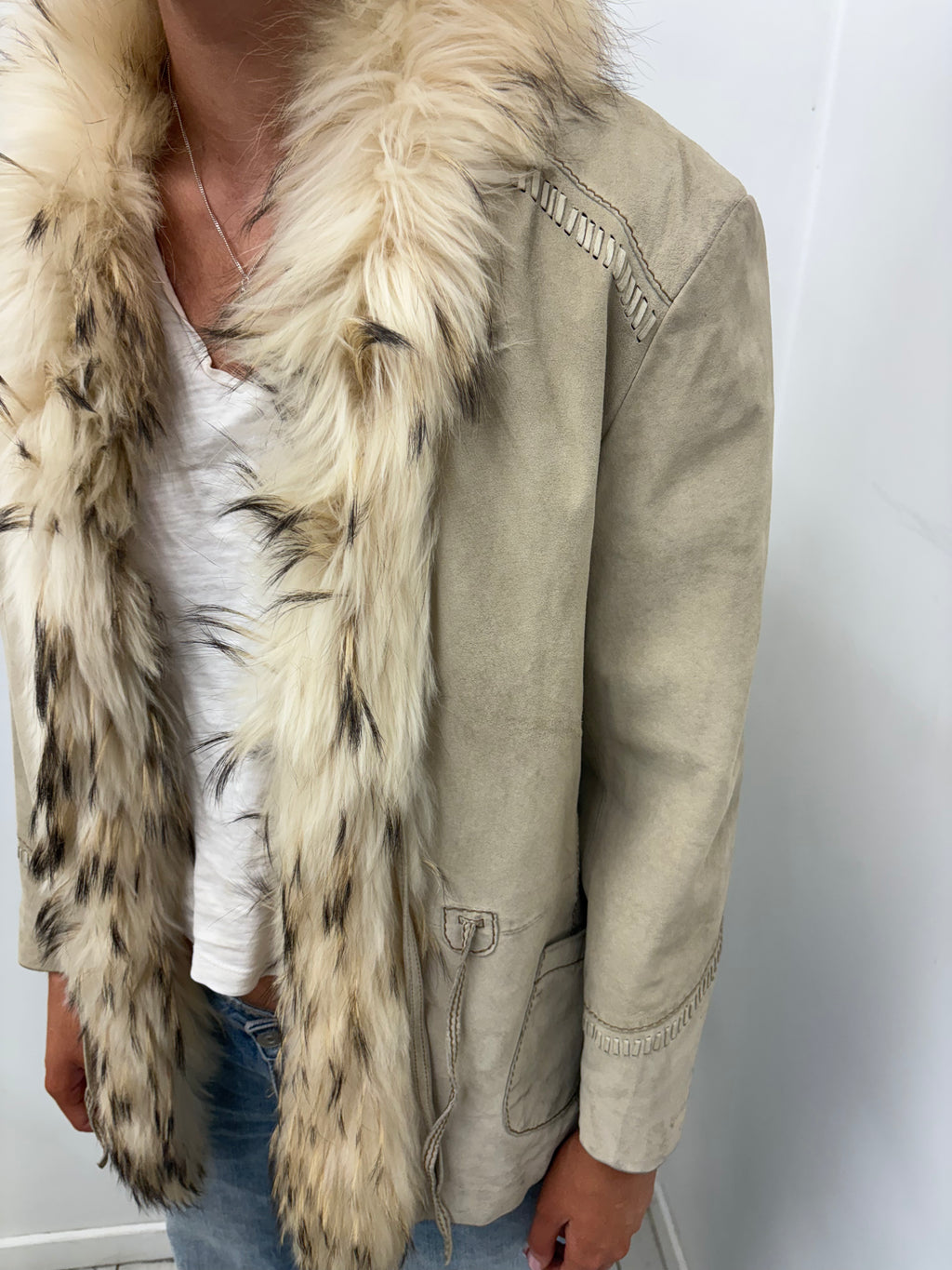 Vintage Sand Suede Jacket with Fur Trim