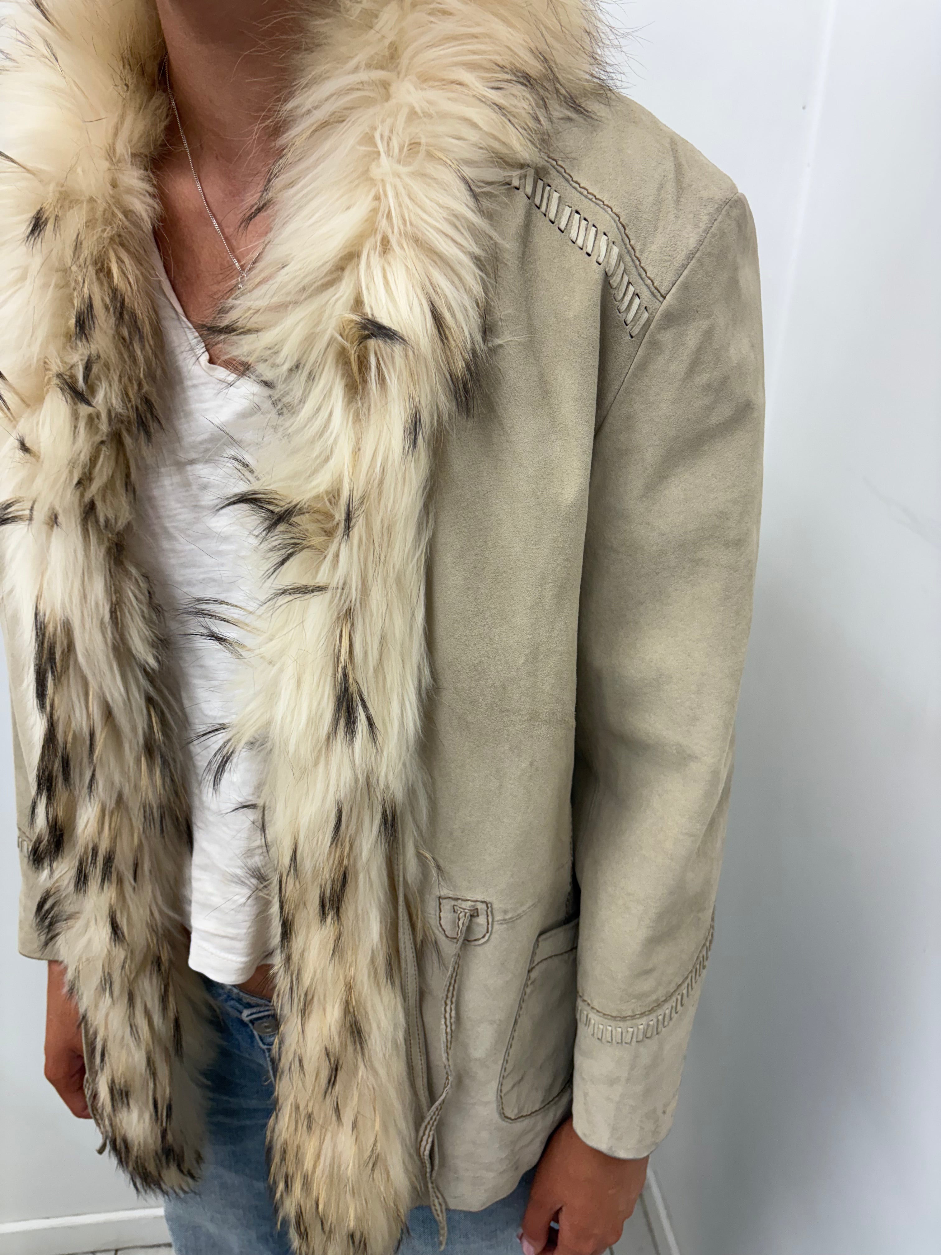 Vintage Sand Suede Jacket with Fur Trim
