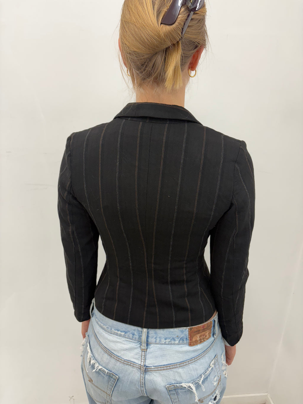 Dark Pinstripe One-Button Cropped Blazer Y2K