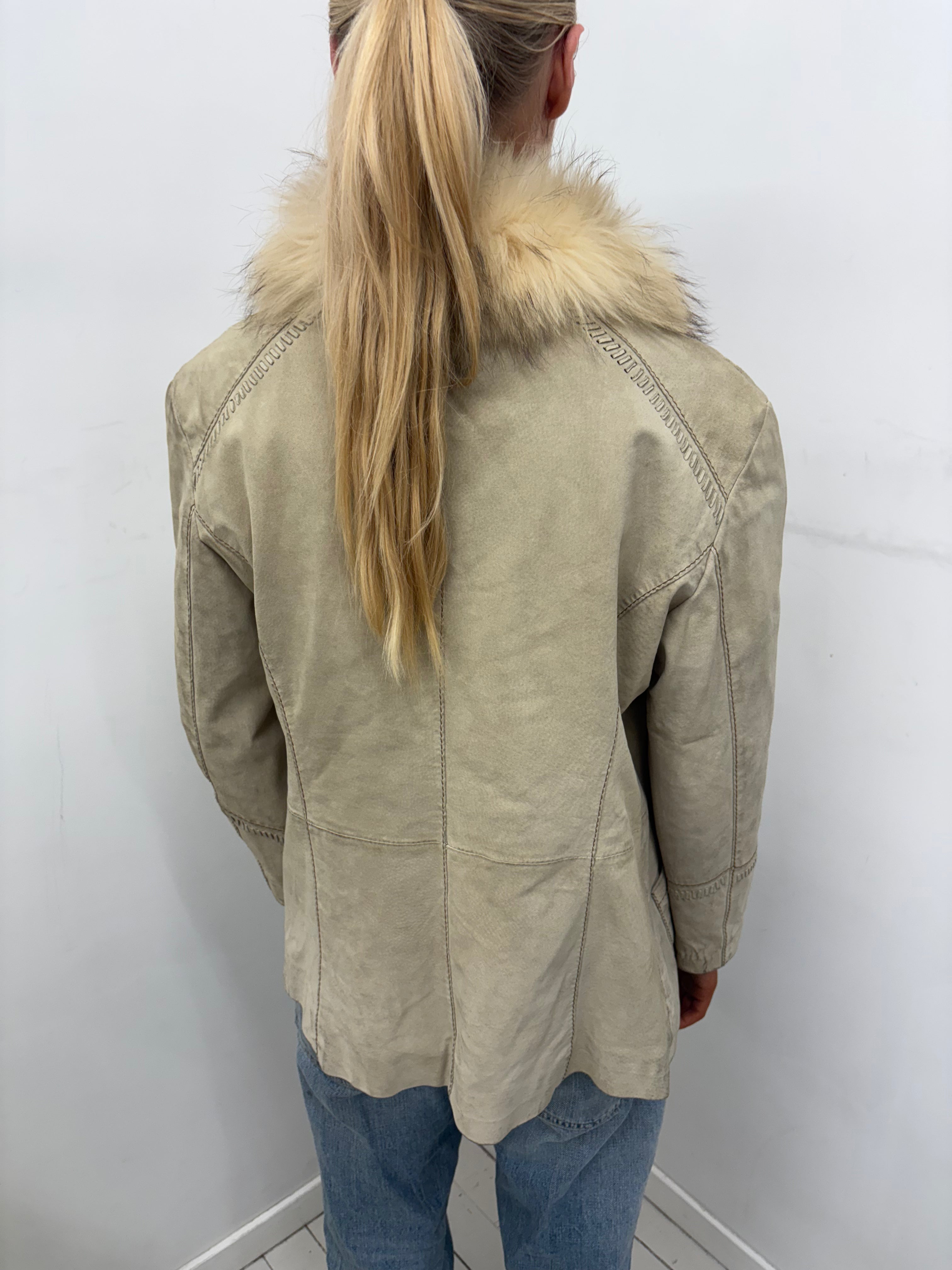 Vintage Sand Suede Jacket with Fur Trim