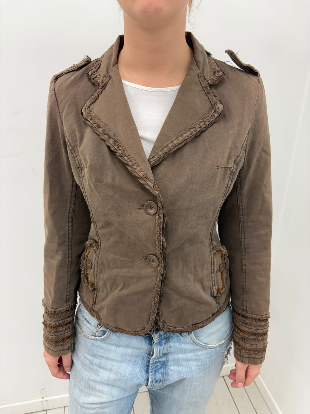Khaki Military Blazer Frayed Ruffle Trim Detail