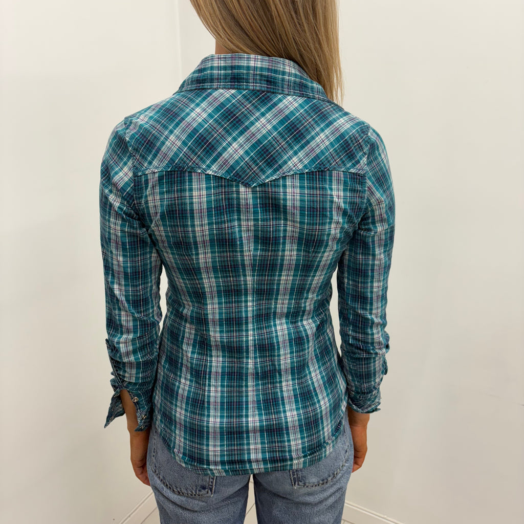 Teal Plaid Fitted Western Shirt