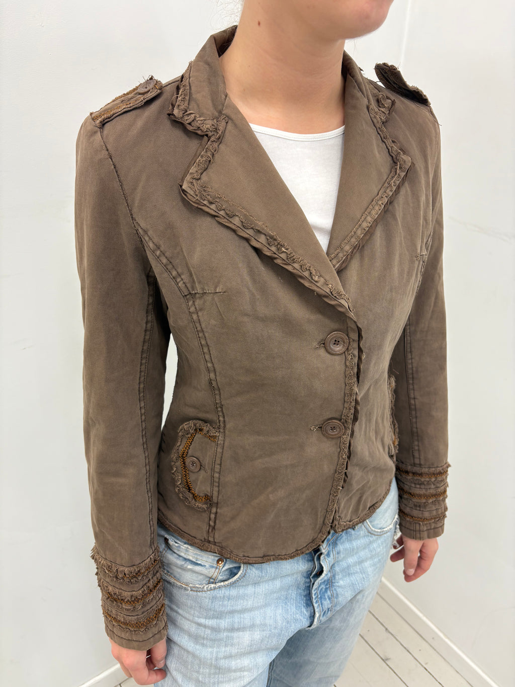 Khaki Military Blazer Frayed Ruffle Trim Detail