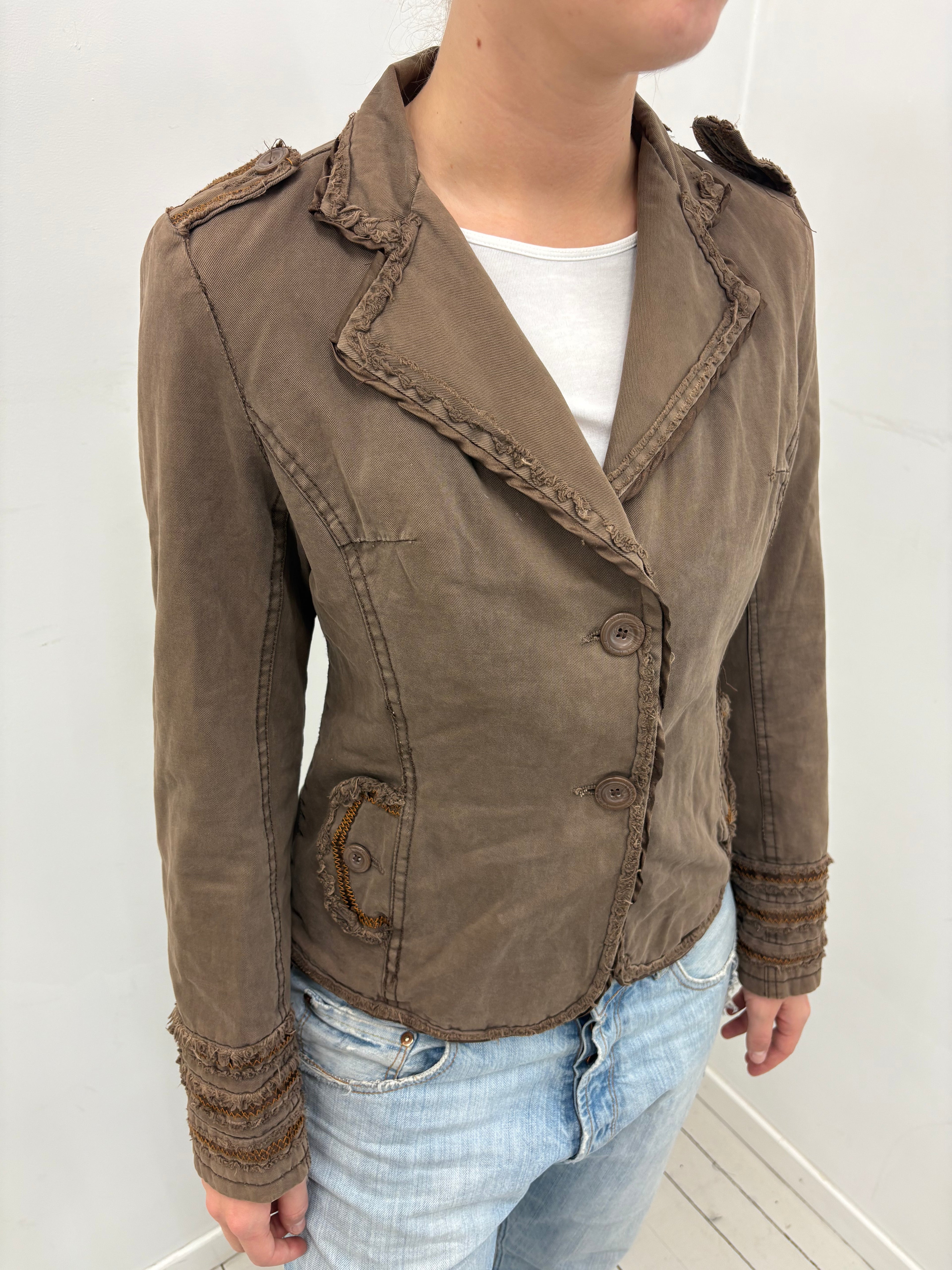 Khaki Military Blazer Frayed Ruffle Trim Detail