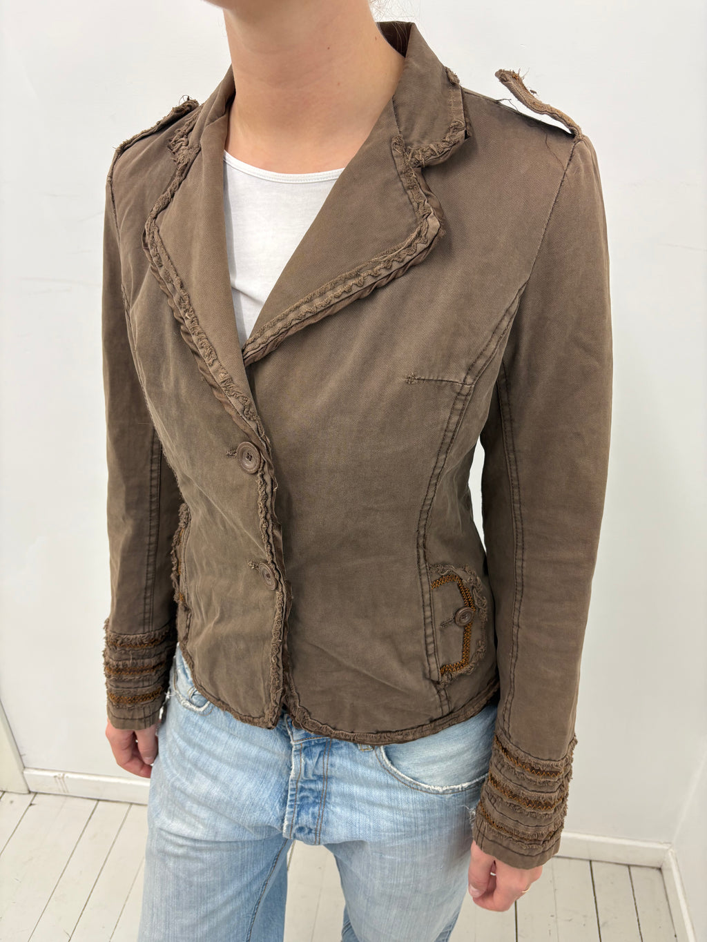 Khaki Military Blazer Frayed Ruffle Trim Detail